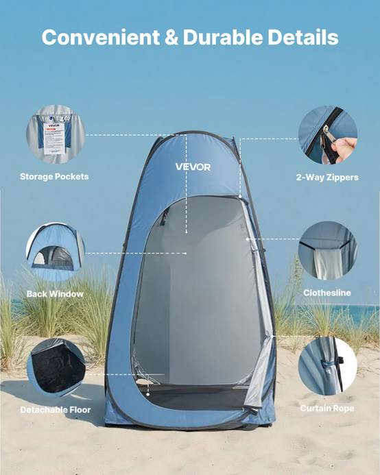 Vevor - VEVOR Tente de douche pop-up portable, abri d’intimité extérieur pour camping, plage, pêche, polyester 190T, sac de douche et accessoires - Image 7