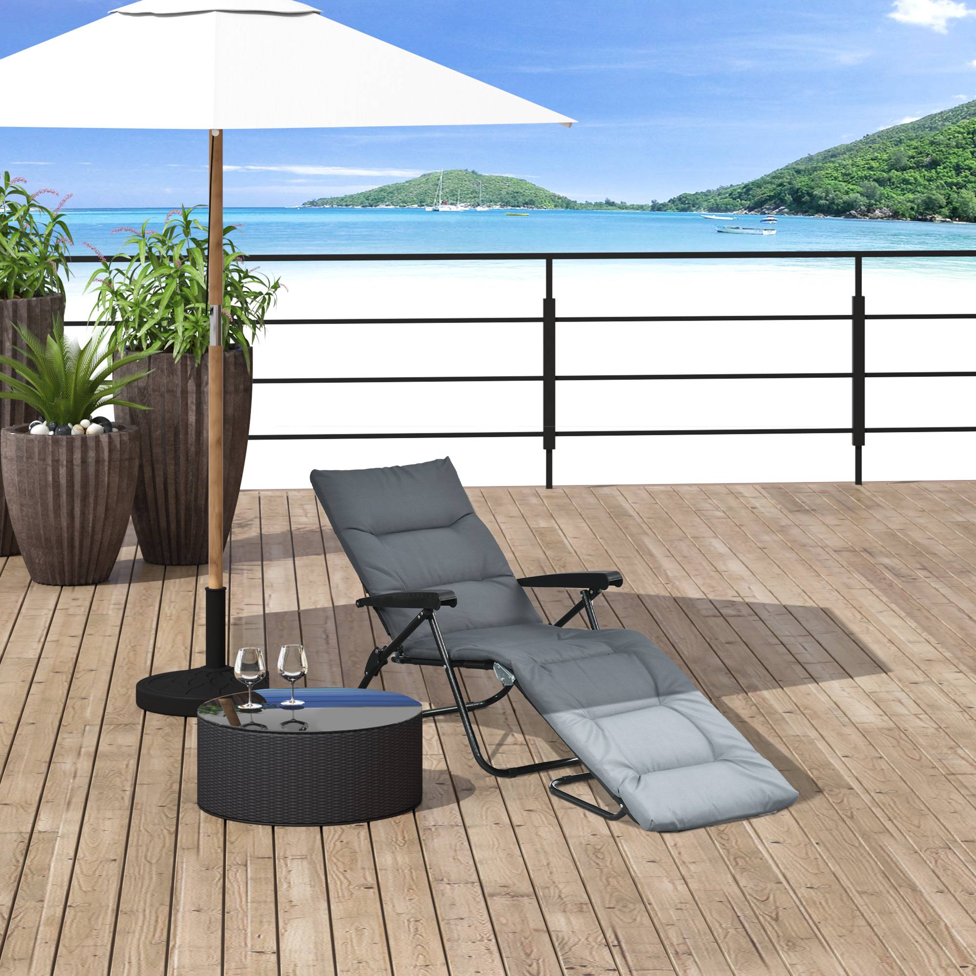 Chaise longue pliante acier polyester grise dossier 6 positions avec matelas et accoudoirs confort - Image 3