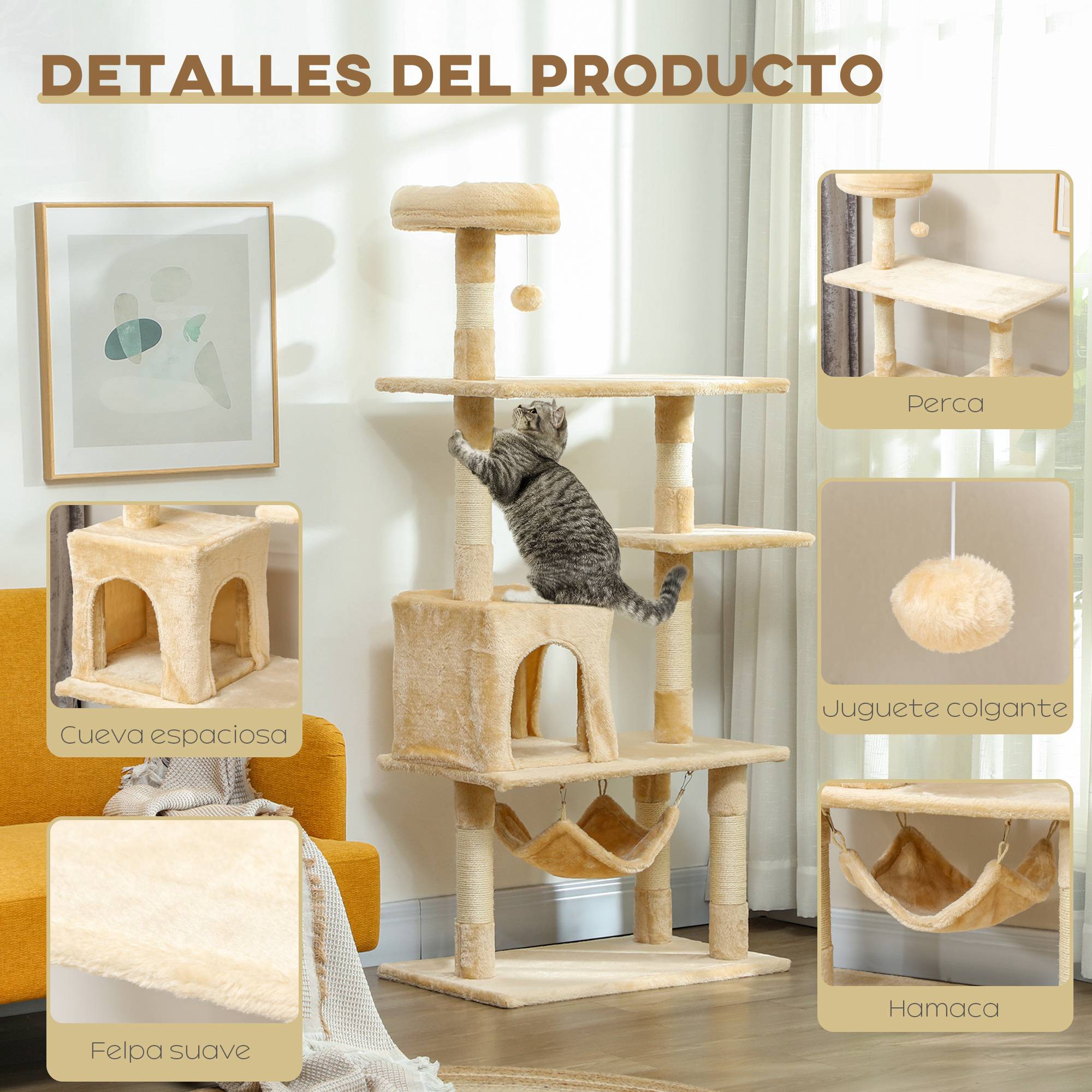 Arbre à Chat 152 cm avec Niche Hamac et Plateformes Griffoir en Sisal Multi-Niveaux Beige - ComfortXL Outdoor Living - Image 8