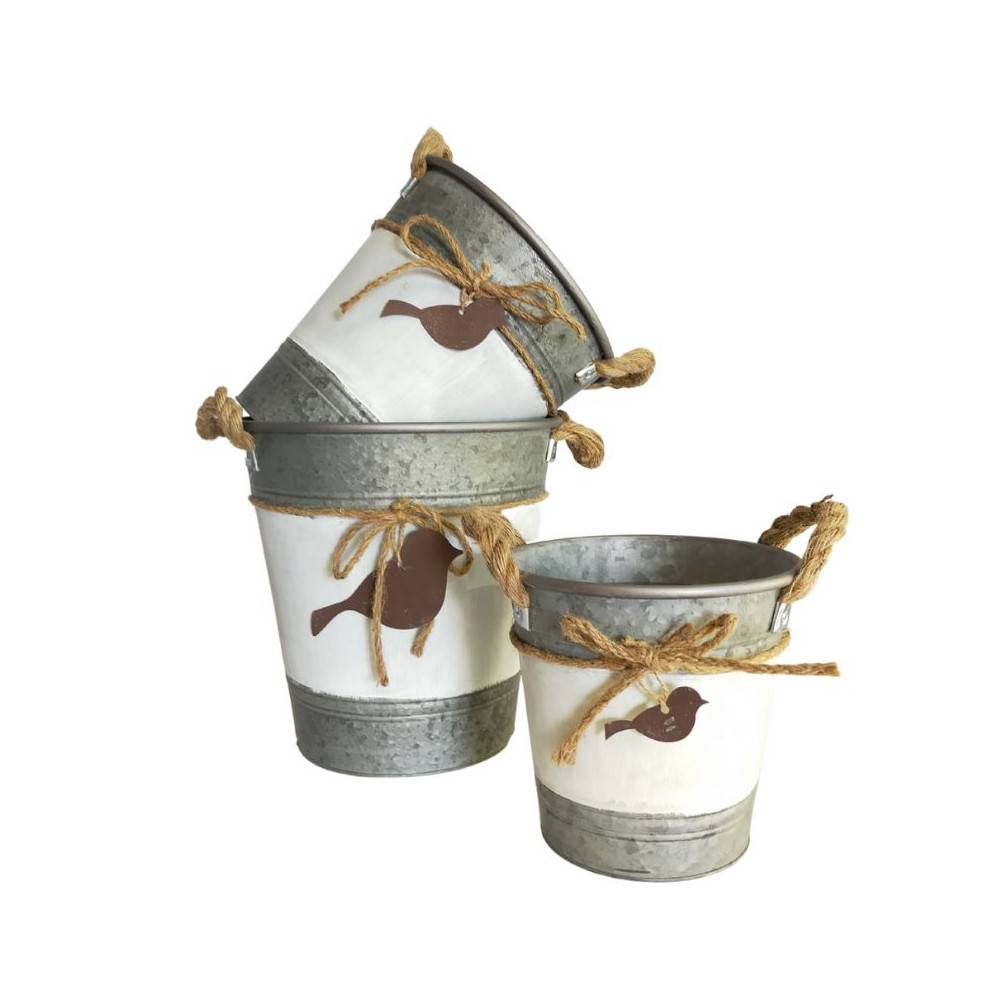 ~ Set de 3 cache-pots en métal blanc gris et marron Ø.18-21-25 cm Chemin de campagne - Image 1