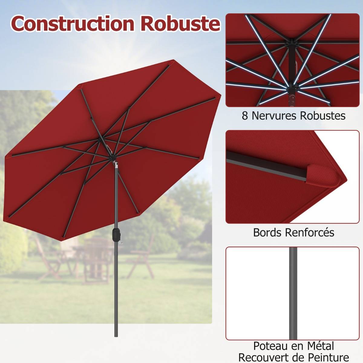 Parasol Inclinable Dia.270cm Manivelle en Acier Toile en Polyester 6 Nervures pour Patio Jardin - Image 4