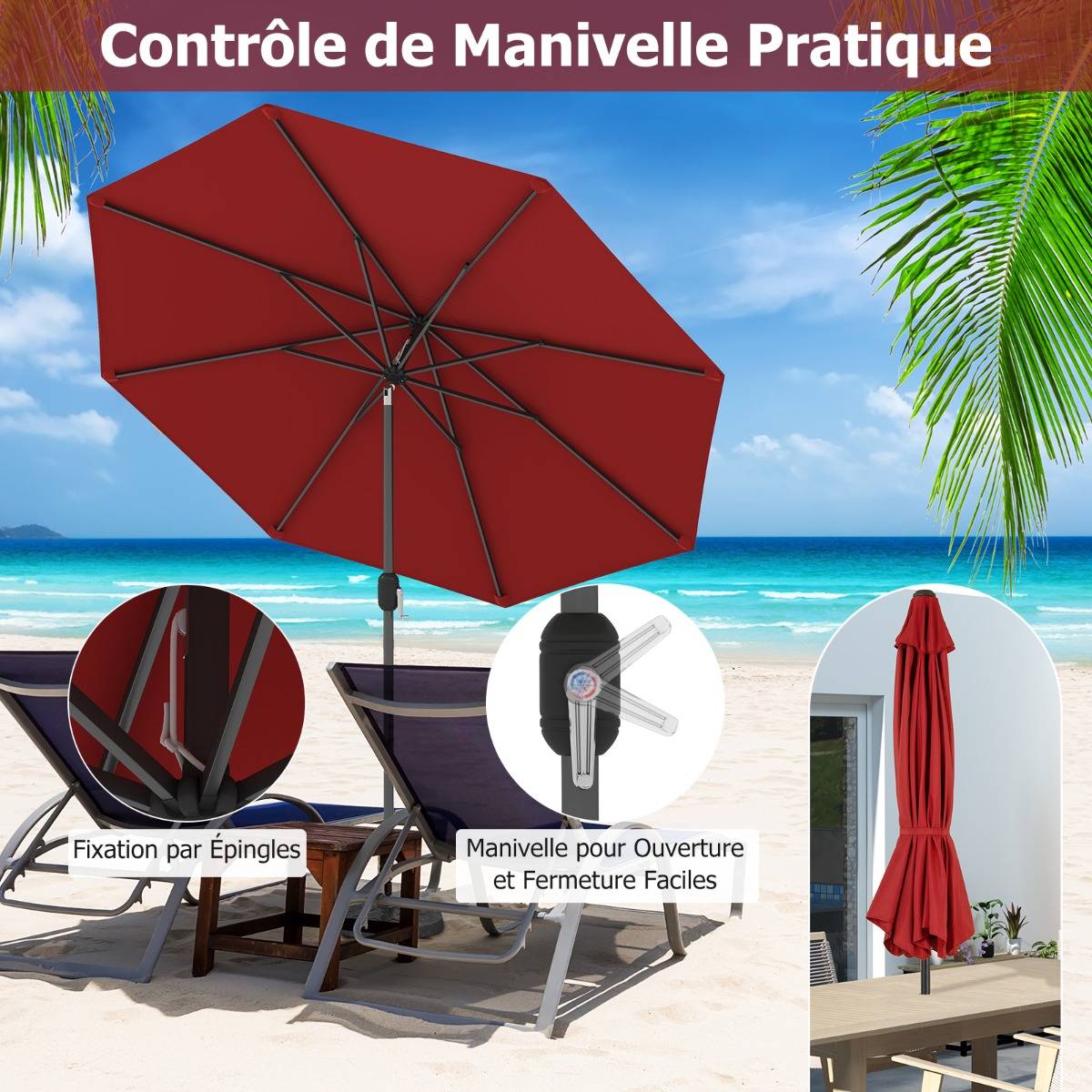 Parasol Inclinable Dia.270cm Manivelle en Acier Toile en Polyester 6 Nervures pour Patio Jardin - Image 6