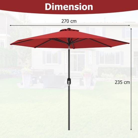 Parasol Inclinable Dia.270cm Manivelle en Acier Toile en Polyester 6 Nervures pour Patio Jardin - Image 7