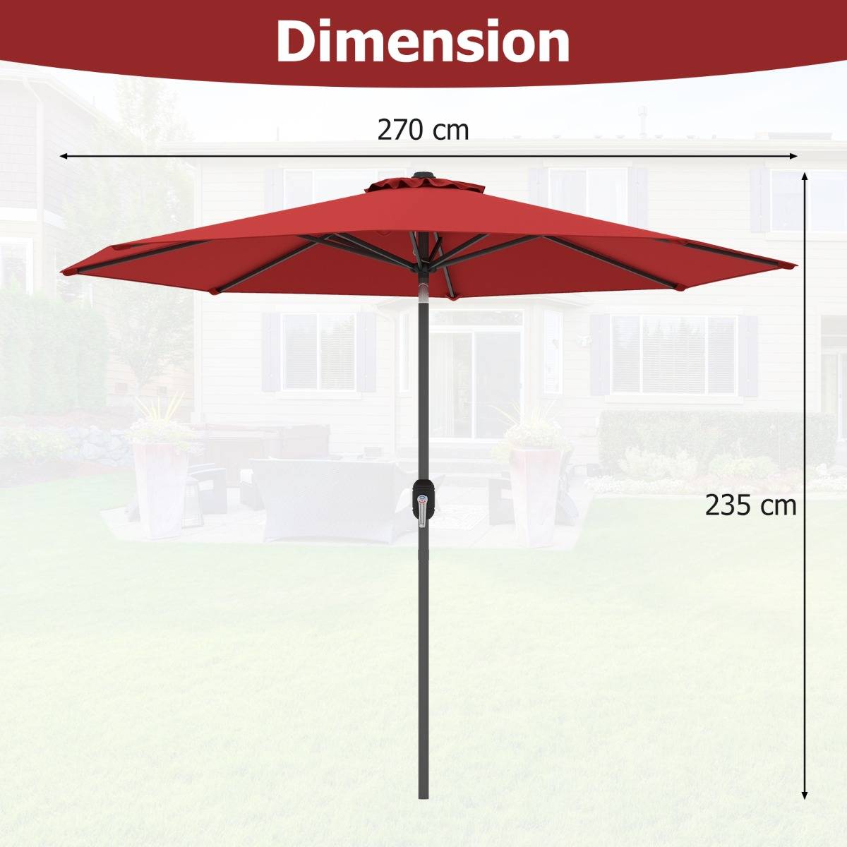 Parasol Inclinable Dia.270cm Manivelle en Acier Toile en Polyester 6 Nervures pour Patio Jardin - Image 7