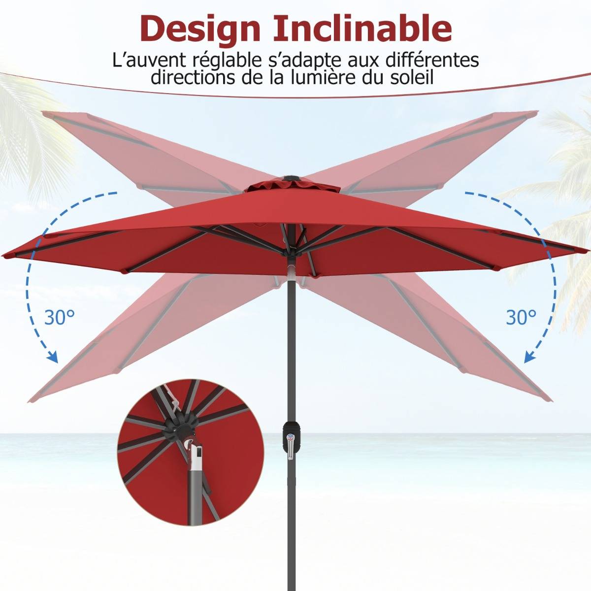 Parasol Inclinable Dia.270cm Manivelle en Acier Toile en Polyester 6 Nervures pour Patio Jardin - Image 5