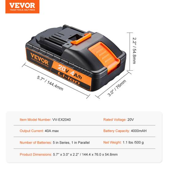 VEVOR Batterie outil sans fil lithium-ion 20 V 4,0 Ah, haute capacité. Compatible 20 V. - Image 7