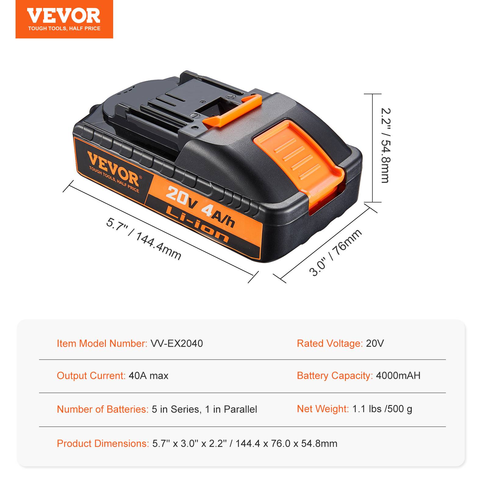 VEVOR Batterie outil sans fil lithium-ion 20 V 4,0 Ah, haute capacité. Compatible 20 V. - Image 7