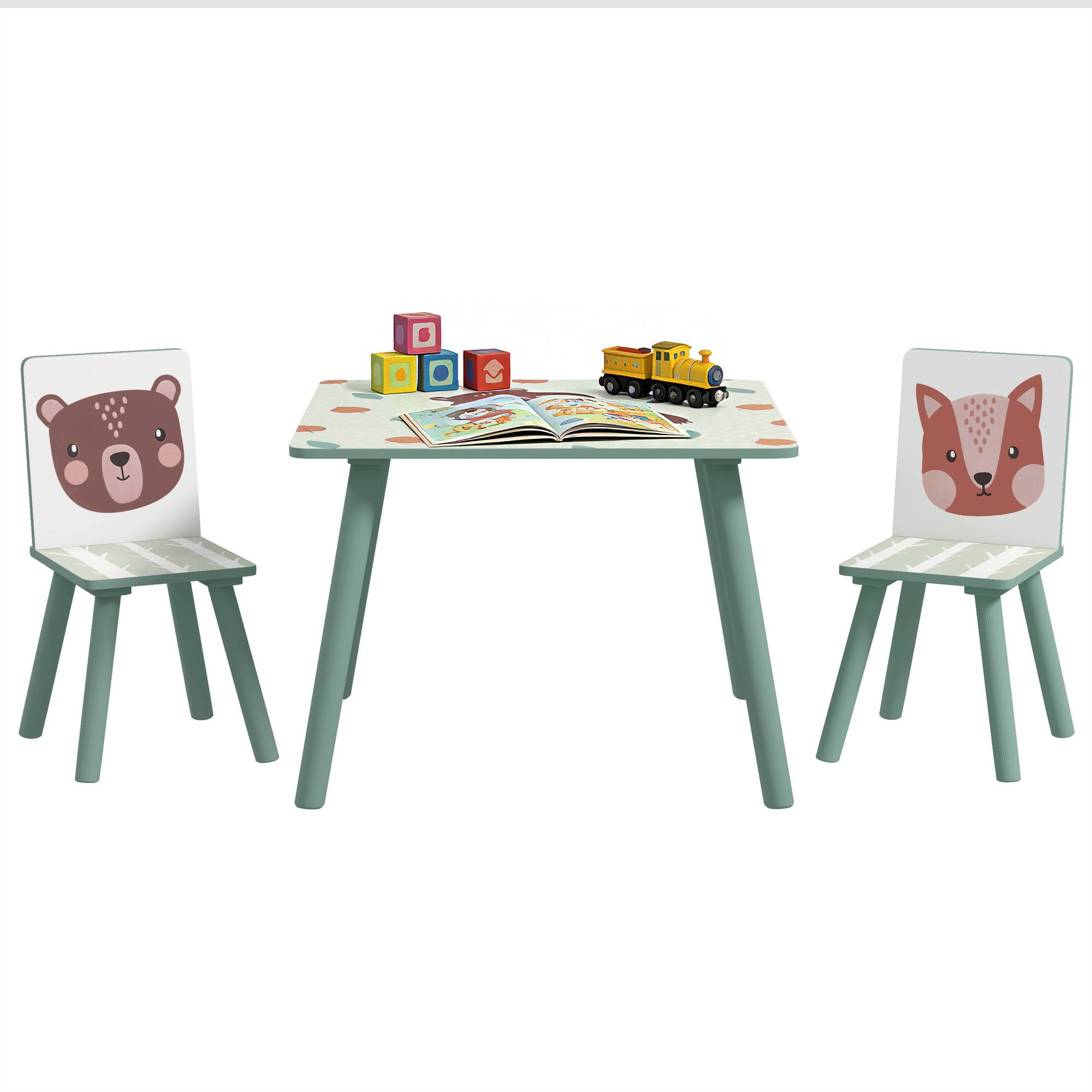 Ensemble table et 2 chaises, mobilier enfant 3 pièces pour enfants de 3 ans et plus, motif animal et vert - Image 1