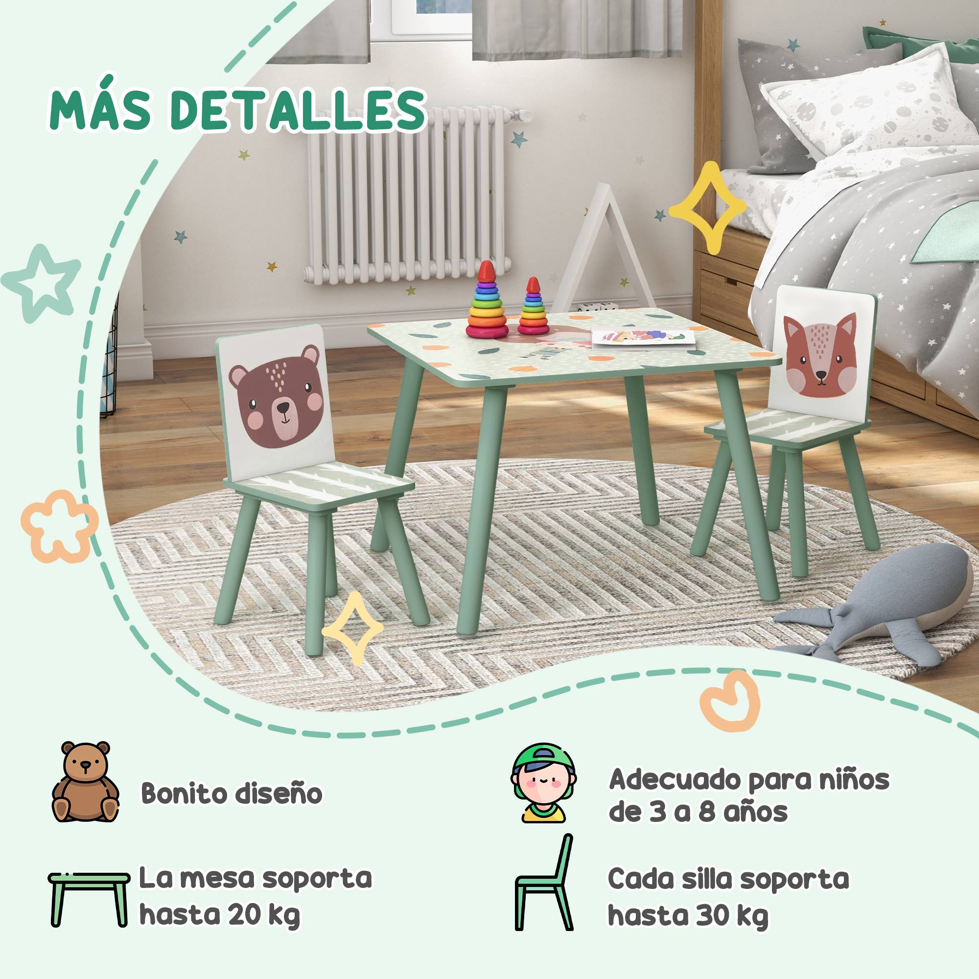 Ensemble table et 2 chaises, mobilier enfant 3 pièces pour enfants de 3 ans et plus, motif animal et vert - Image 9