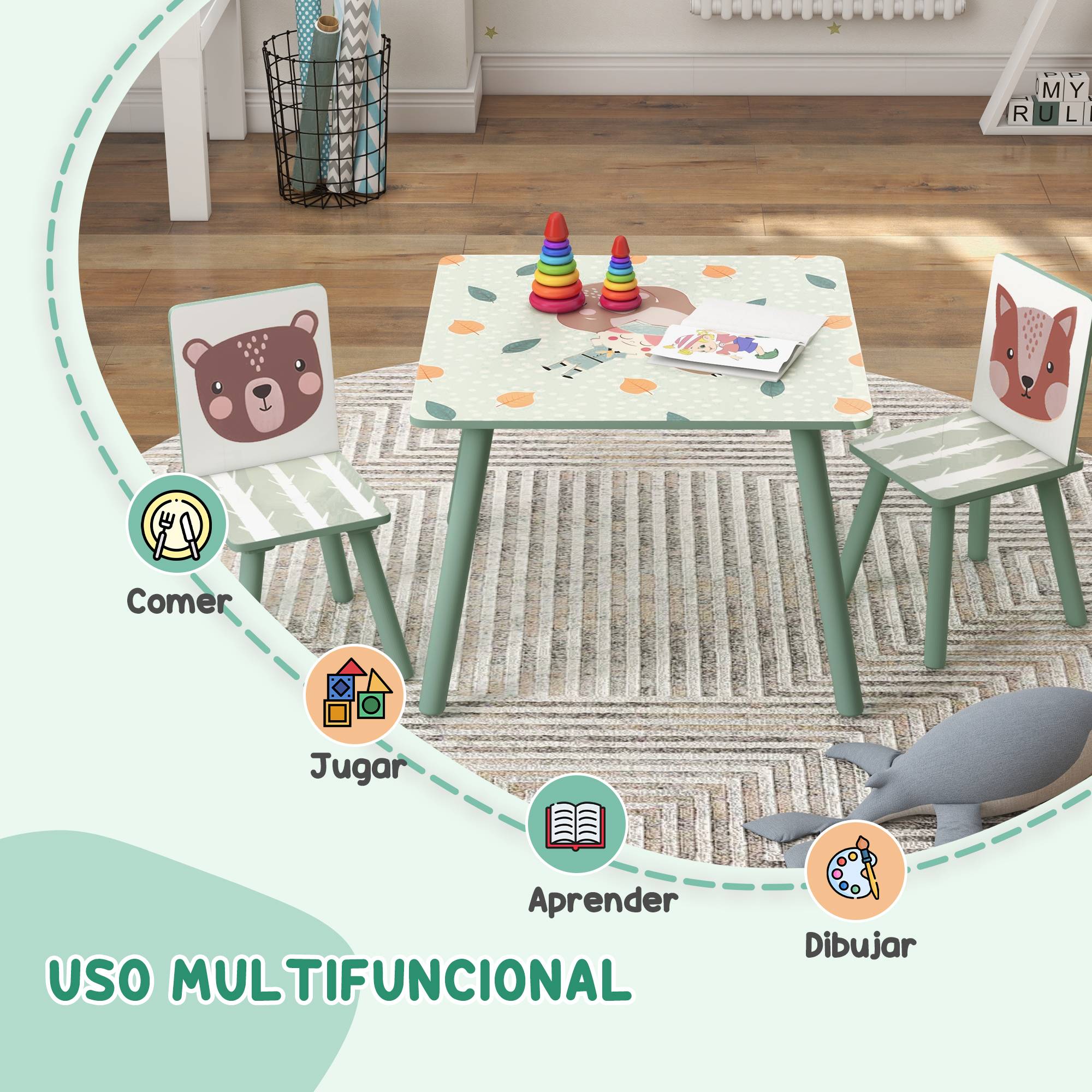 Ensemble table et 2 chaises, mobilier enfant 3 pièces pour enfants de 3 ans et plus, motif animal et vert - Image 6