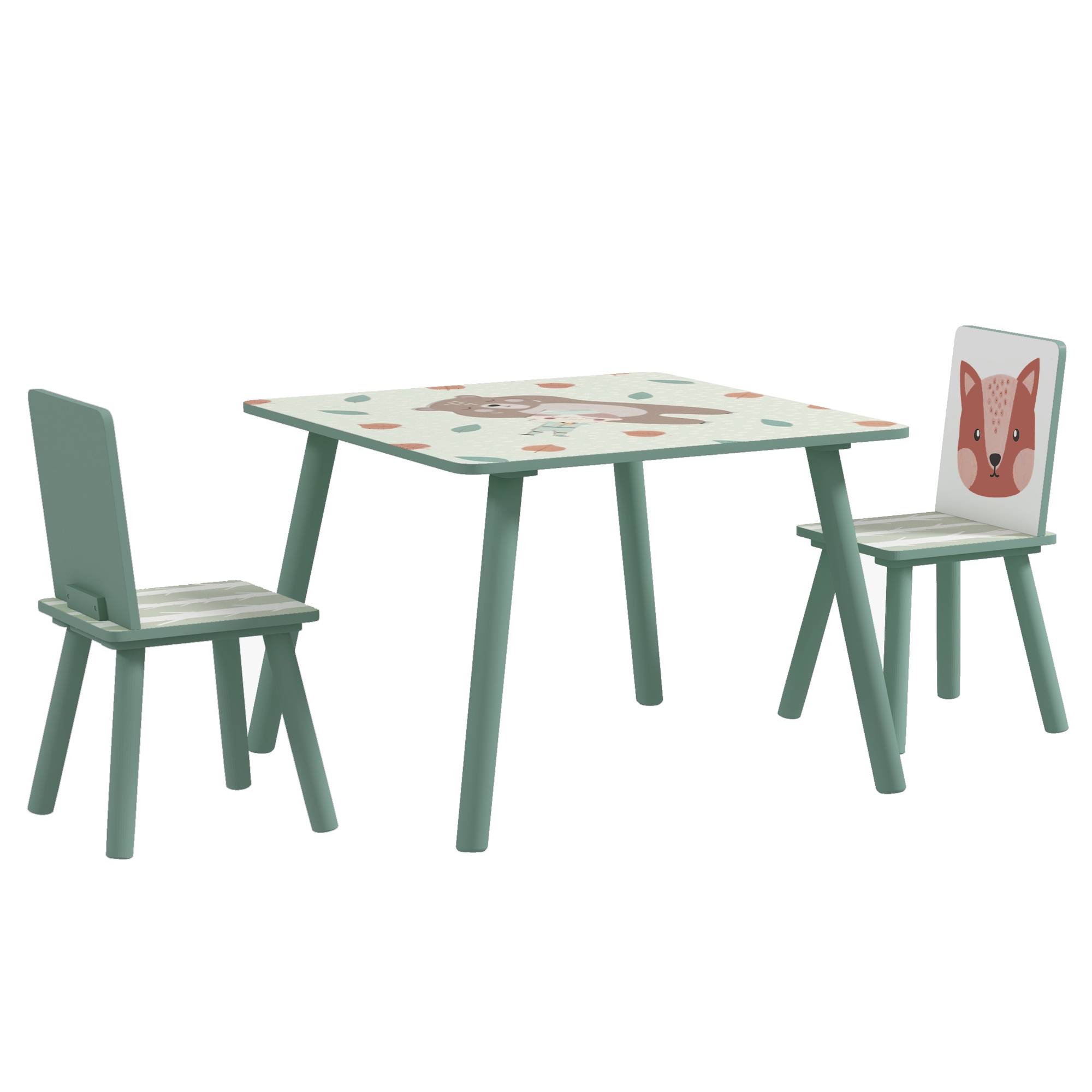 Ensemble table et 2 chaises, mobilier enfant 3 pièces pour enfants de 3 ans et plus, motif animal et vert - Image 2