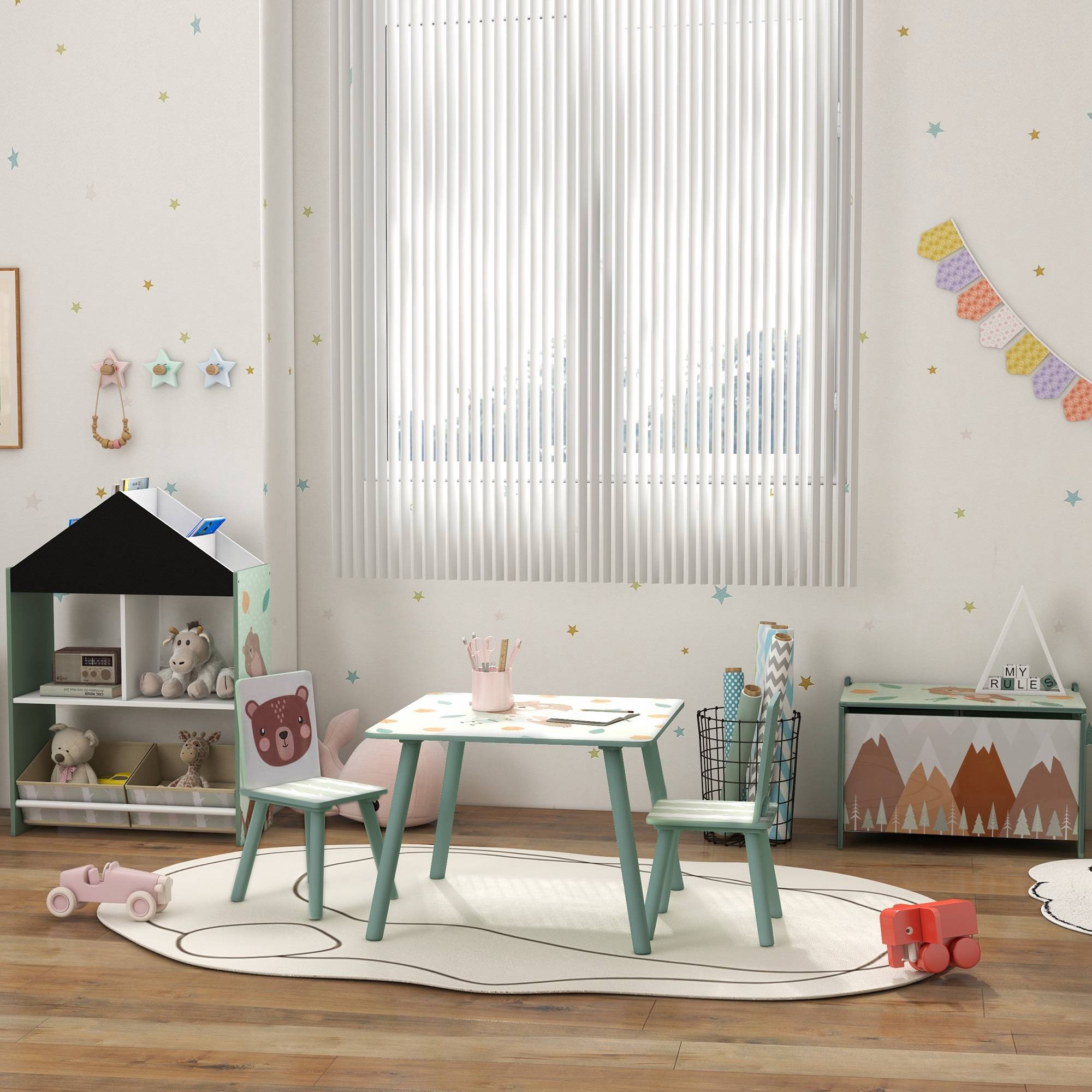 Ensemble table et 2 chaises, mobilier enfant 3 pièces pour enfants de 3 ans et plus, motif animal et vert - Image 10