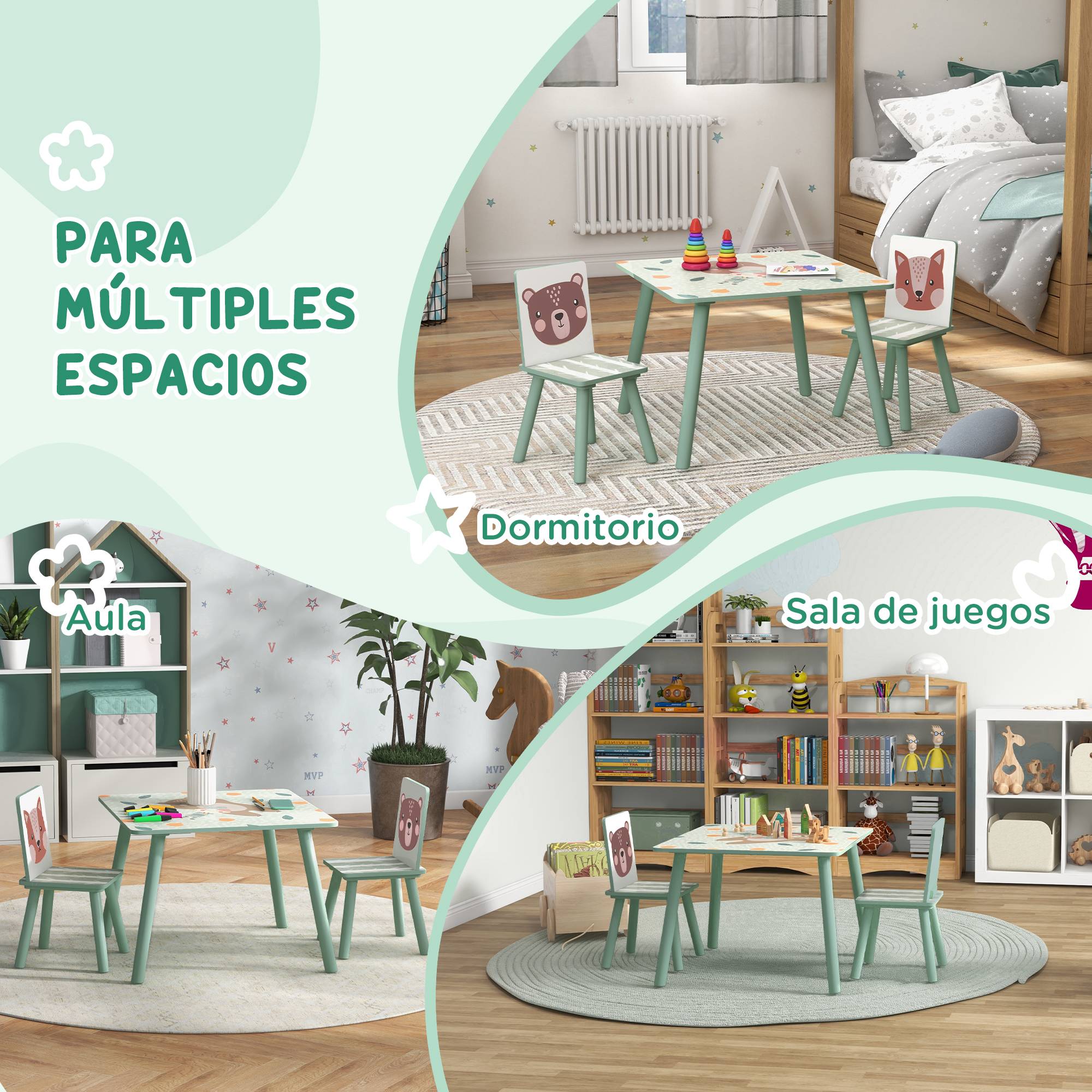 Ensemble table et 2 chaises, mobilier enfant 3 pièces pour enfants de 3 ans et plus, motif animal et vert - Image 8