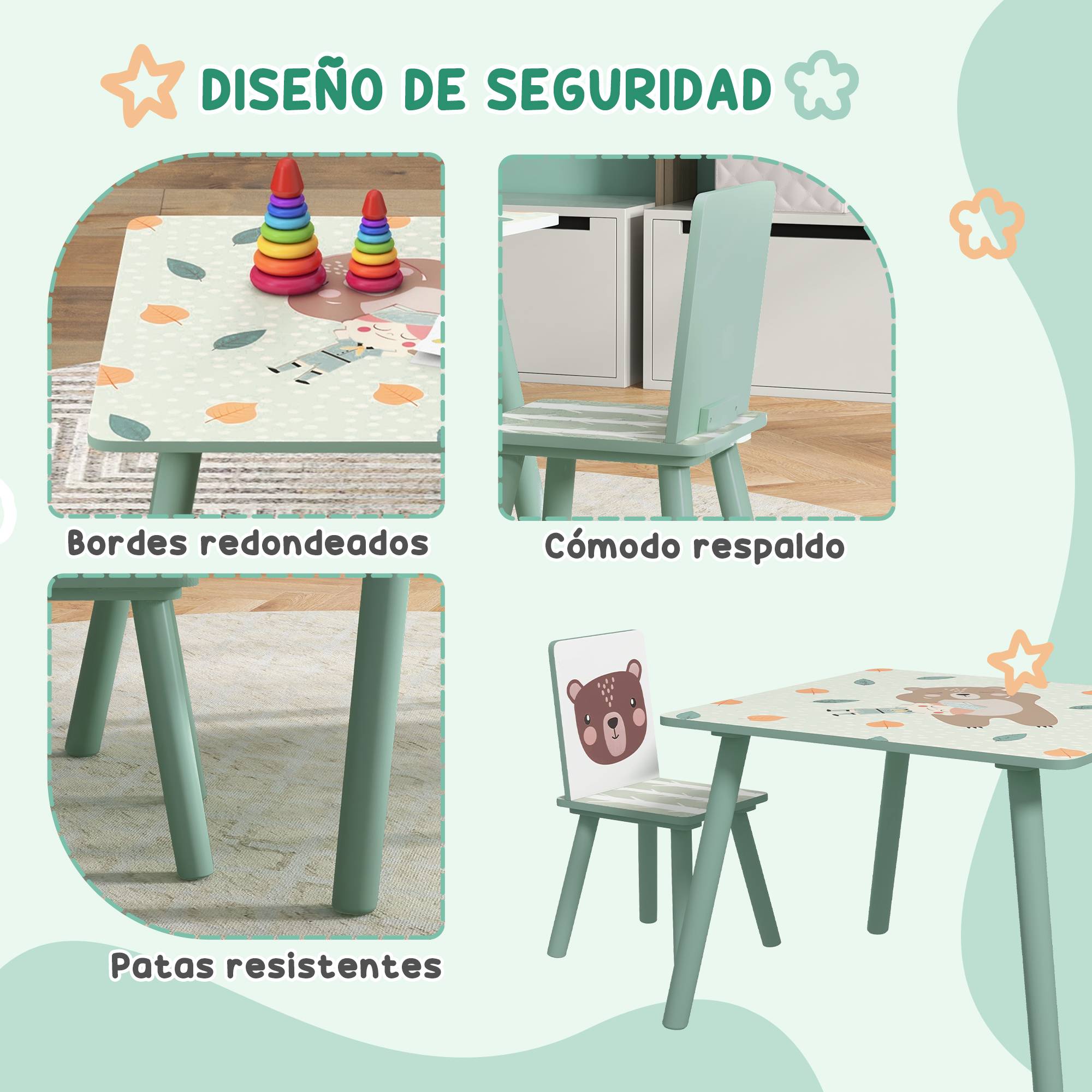 Ensemble table et 2 chaises, mobilier enfant 3 pièces pour enfants de 3 ans et plus, motif animal et vert - Image 7