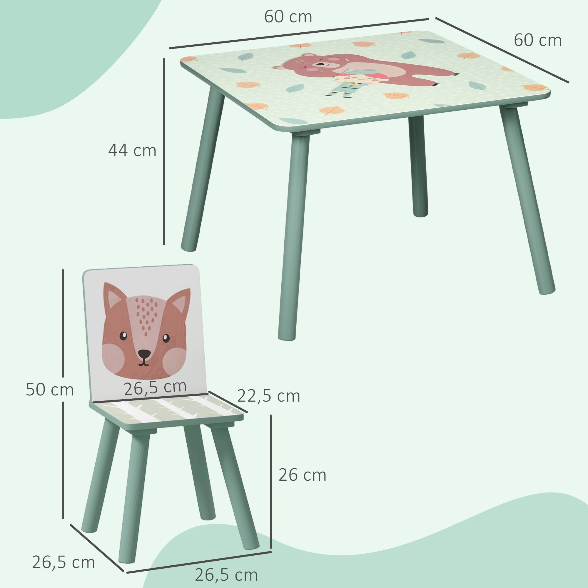Ensemble table et 2 chaises, mobilier enfant 3 pièces pour enfants de 3 ans et plus, motif animal et vert - Image 5
