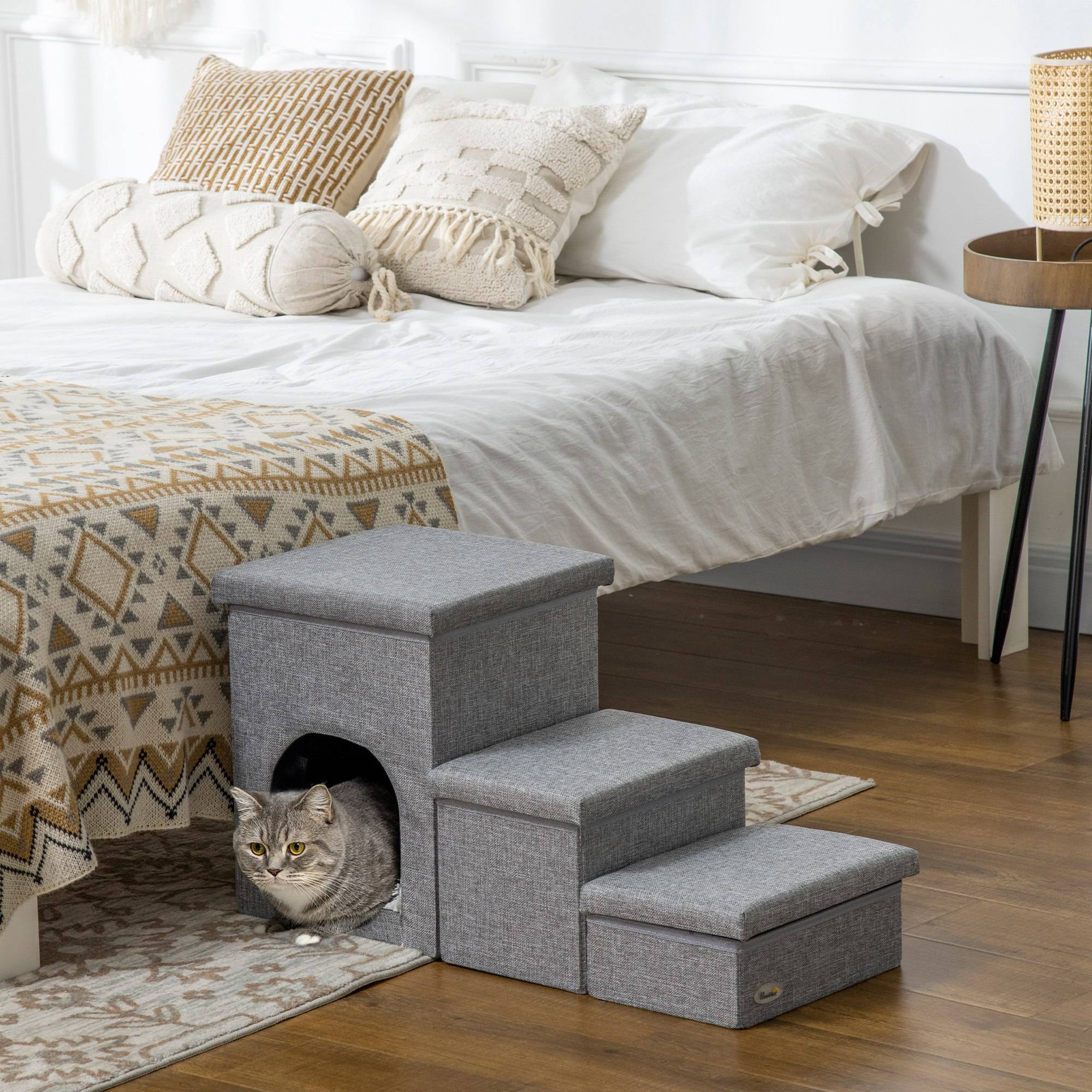 Escalier chien 3 marches 40,5 cm haut niche coussin rangement chats petits chiens rampe housse lavable gris clair - Image 4