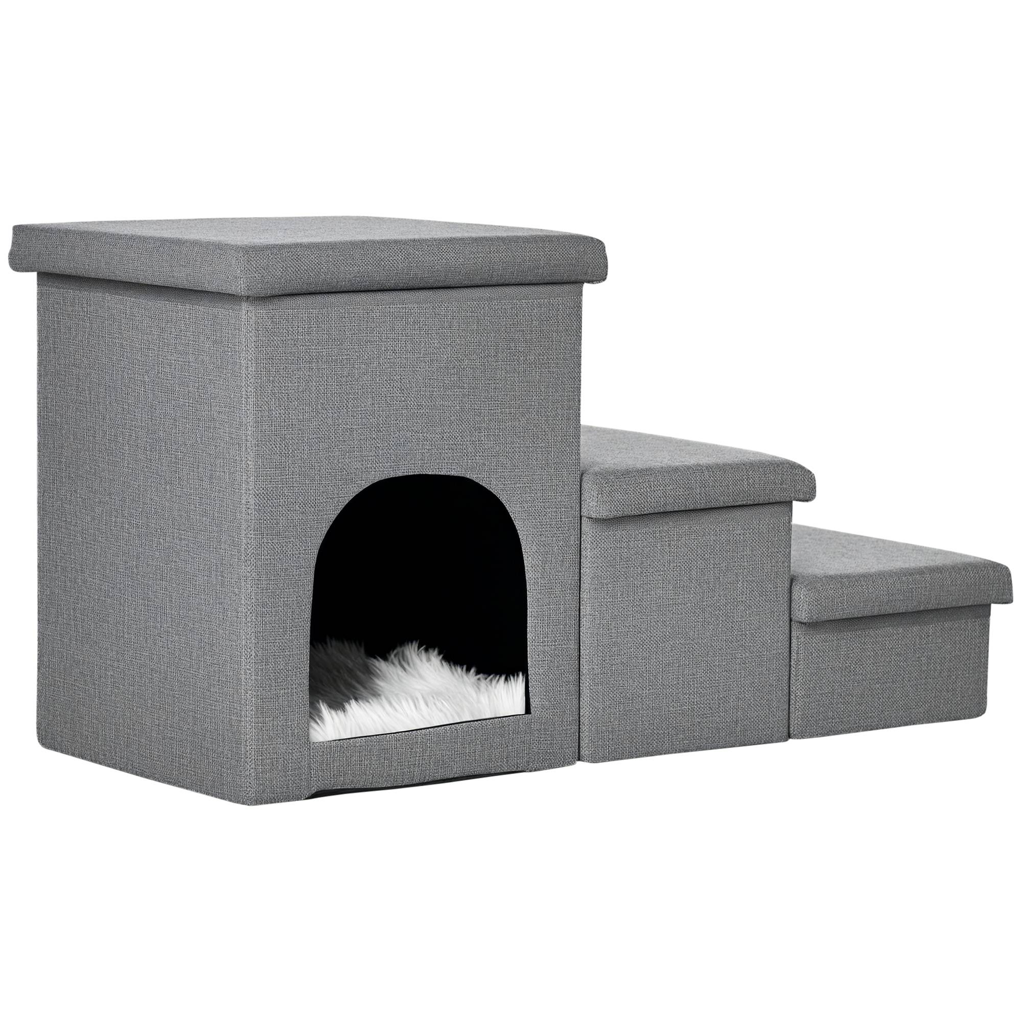 Escalier chien 3 marches 40,5 cm haut niche coussin rangement chats petits chiens rampe housse lavable gris clair - Image 1