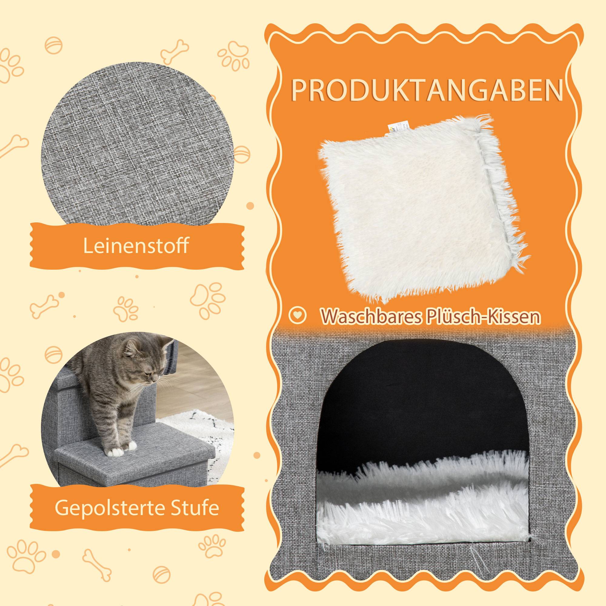 Escalier chien 3 marches 40,5 cm haut niche coussin rangement chats petits chiens rampe housse lavable gris clair - Image 7