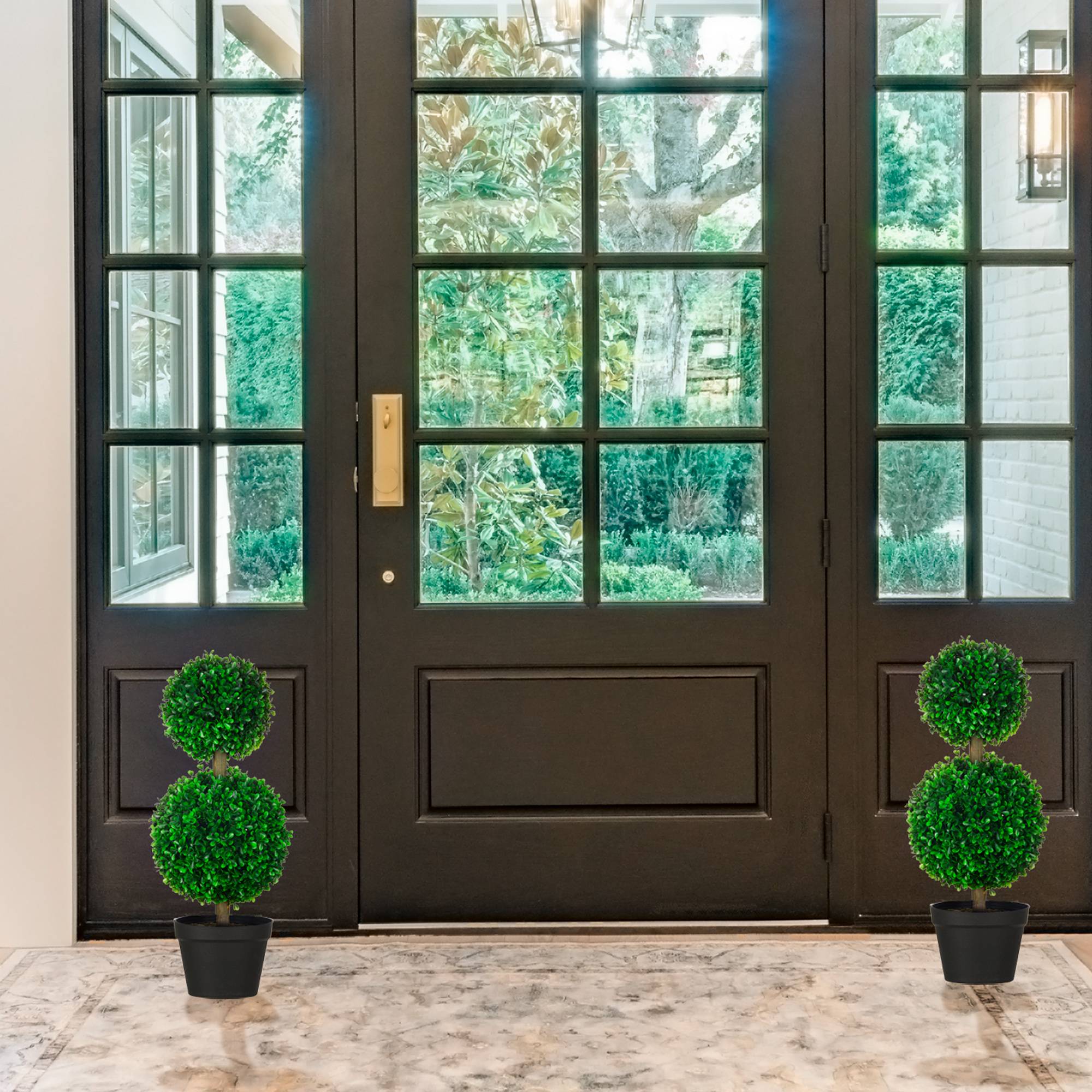 Lot de 2 arbres buis artificiel double boules avec tronc et pot inclus - hauteur 60 cm vert - Image 4