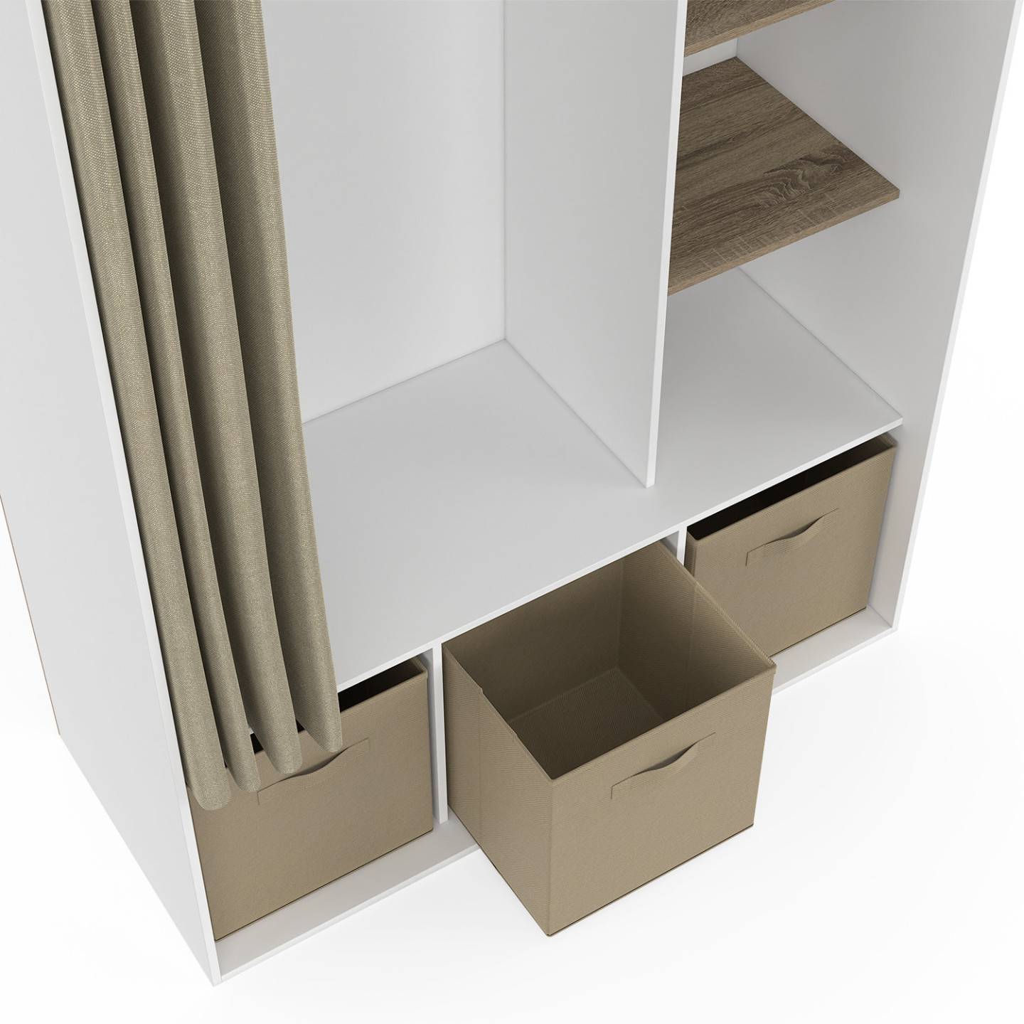 Dressing penderie DIANE 105 x 45 x 167 cm blanc avec étagères + boites de rangement + rideau taupe - Image 5