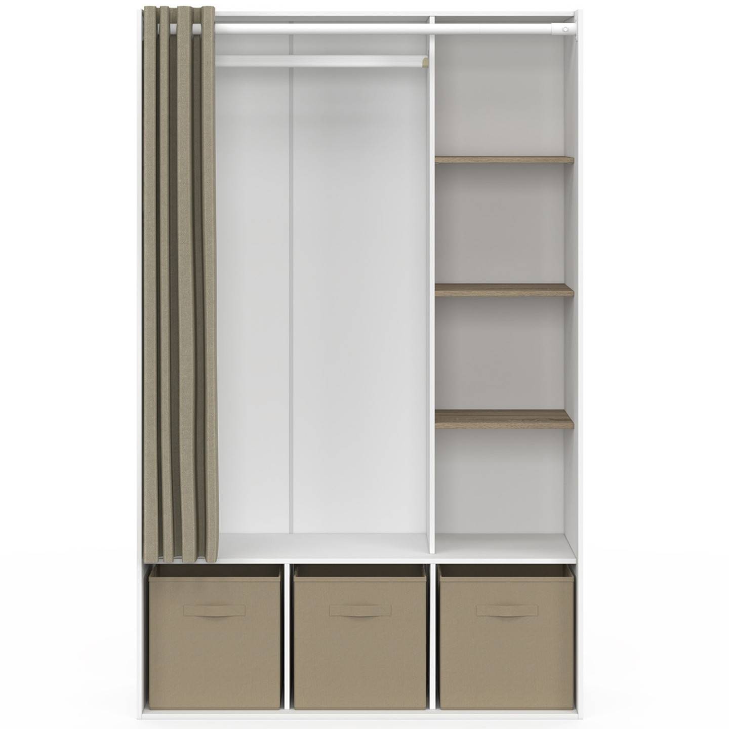 Dressing penderie DIANE 105 x 45 x 167 cm blanc avec étagères + boites de rangement + rideau taupe - Image 3