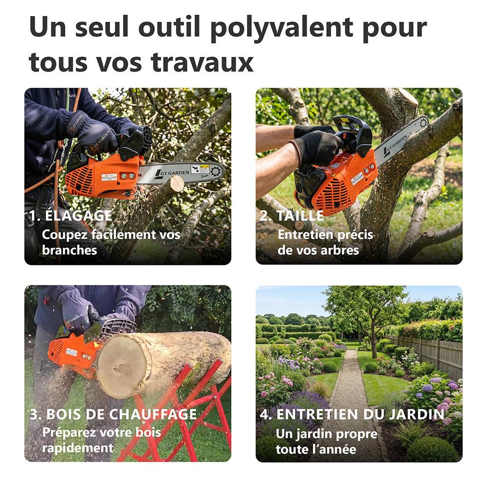 Gt Garden - Tronçonneuse élagueuse thermique 25 cm3, 1 CV, guide 26 cm, 2 chaînes - GT GARDEN - Image 4
