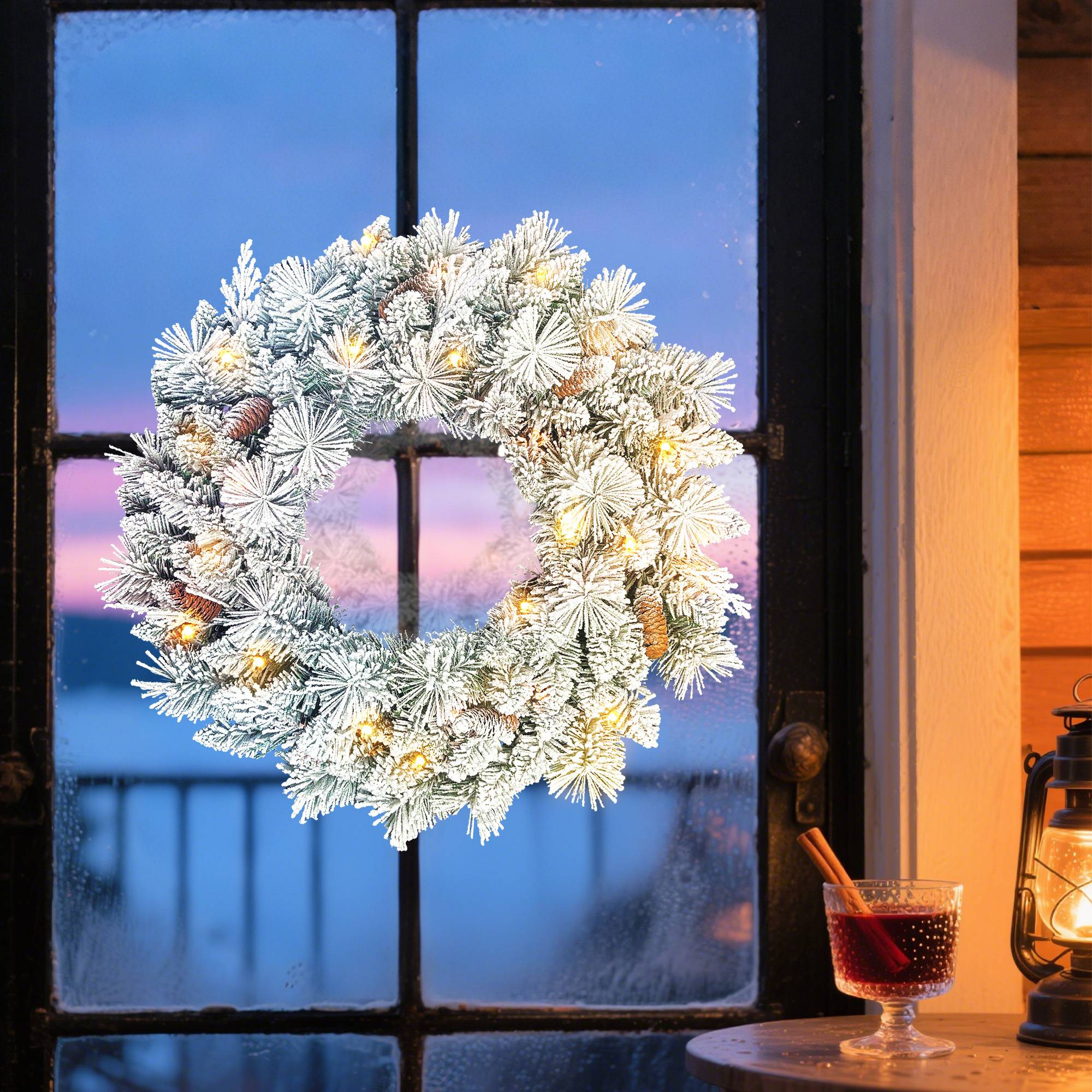 Couronne de Noël lumineuse 60 cm avec 35 LED blanc chaud, minuterie, 98 pointes, pommes de pin, vert et blanc - Image 4