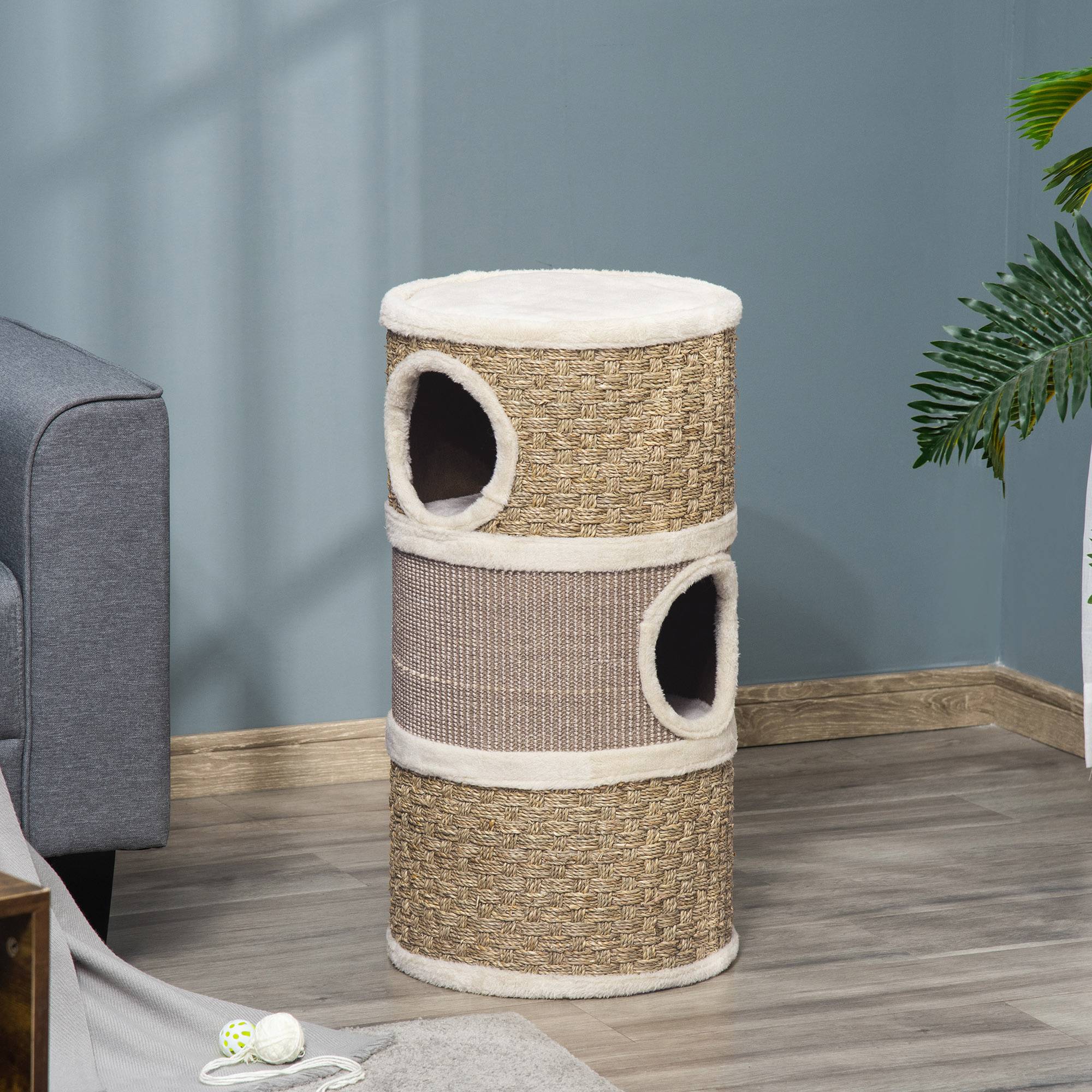 Maison pour chat avec griffoir, 3 niches, corde en sisal et algues - Image 4