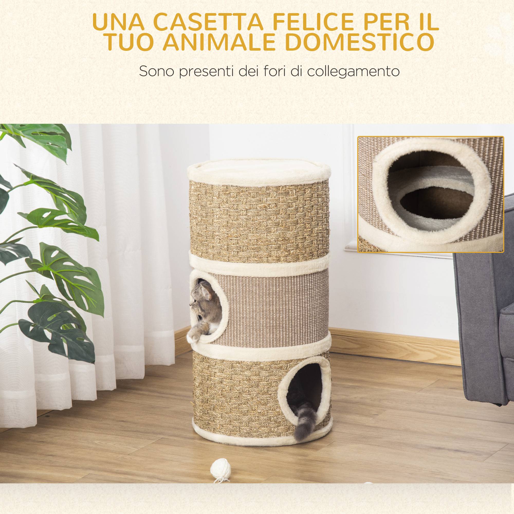 Maison pour chat avec griffoir, 3 niches, corde en sisal et algues - Image 6