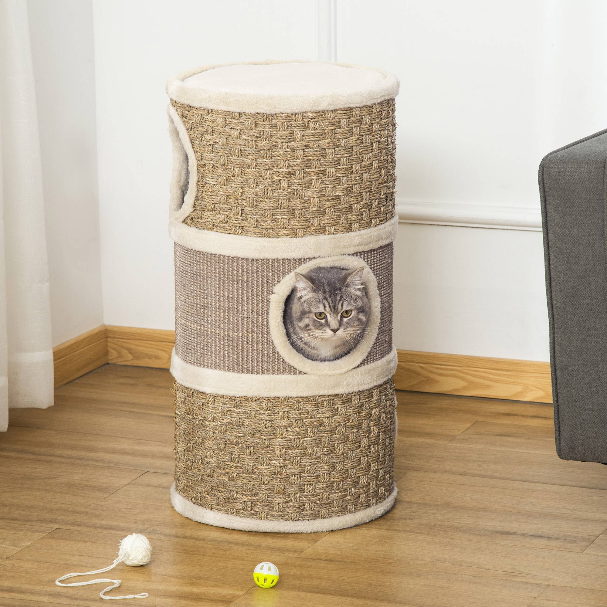 Maison pour chat avec griffoir, 3 niches, corde en sisal et algues - Image 3