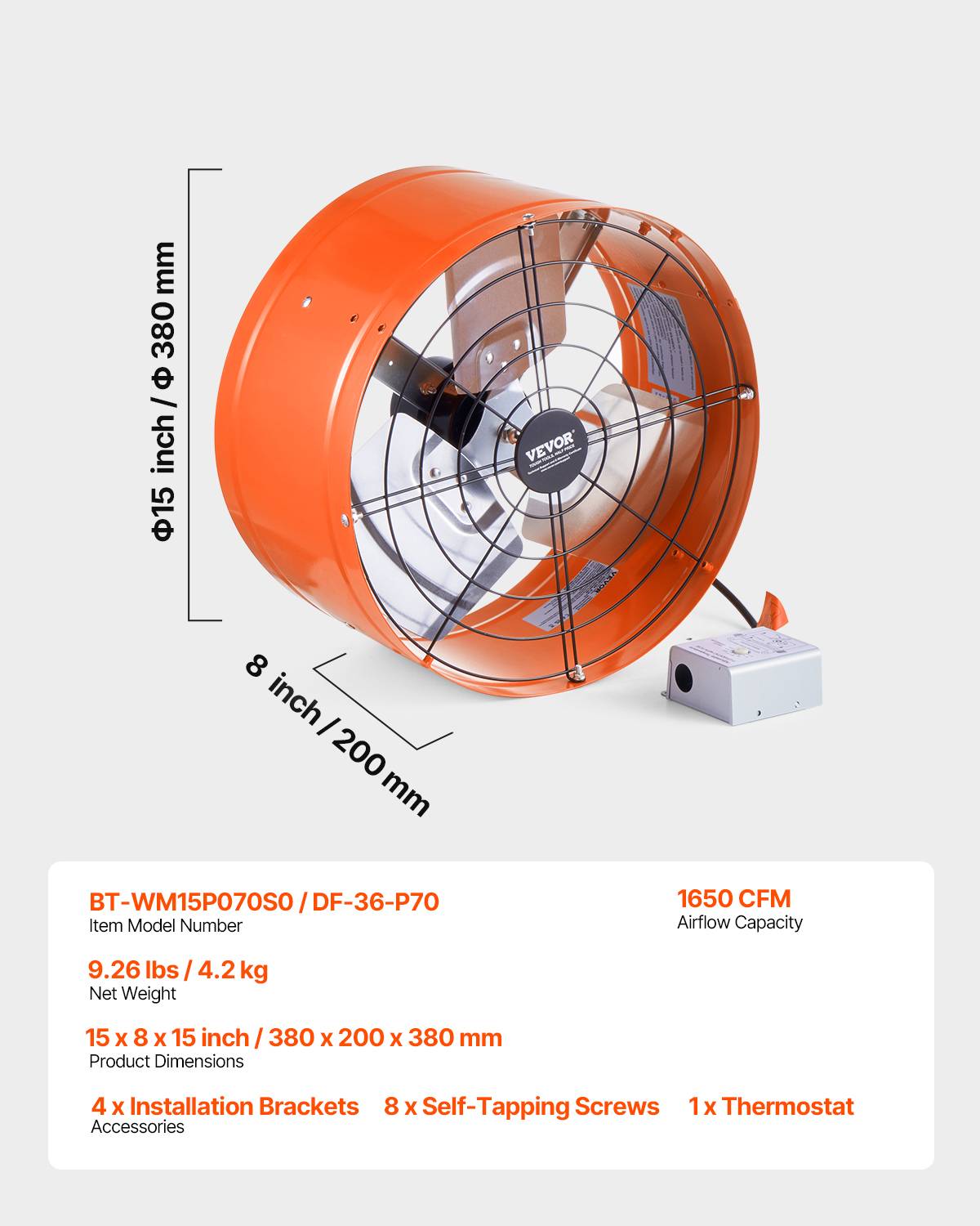 Vevor - VEVOR Ventilateur extraction grenier 380x200mm, 1650 CFM, thermostat, maille, toit. - Image 7