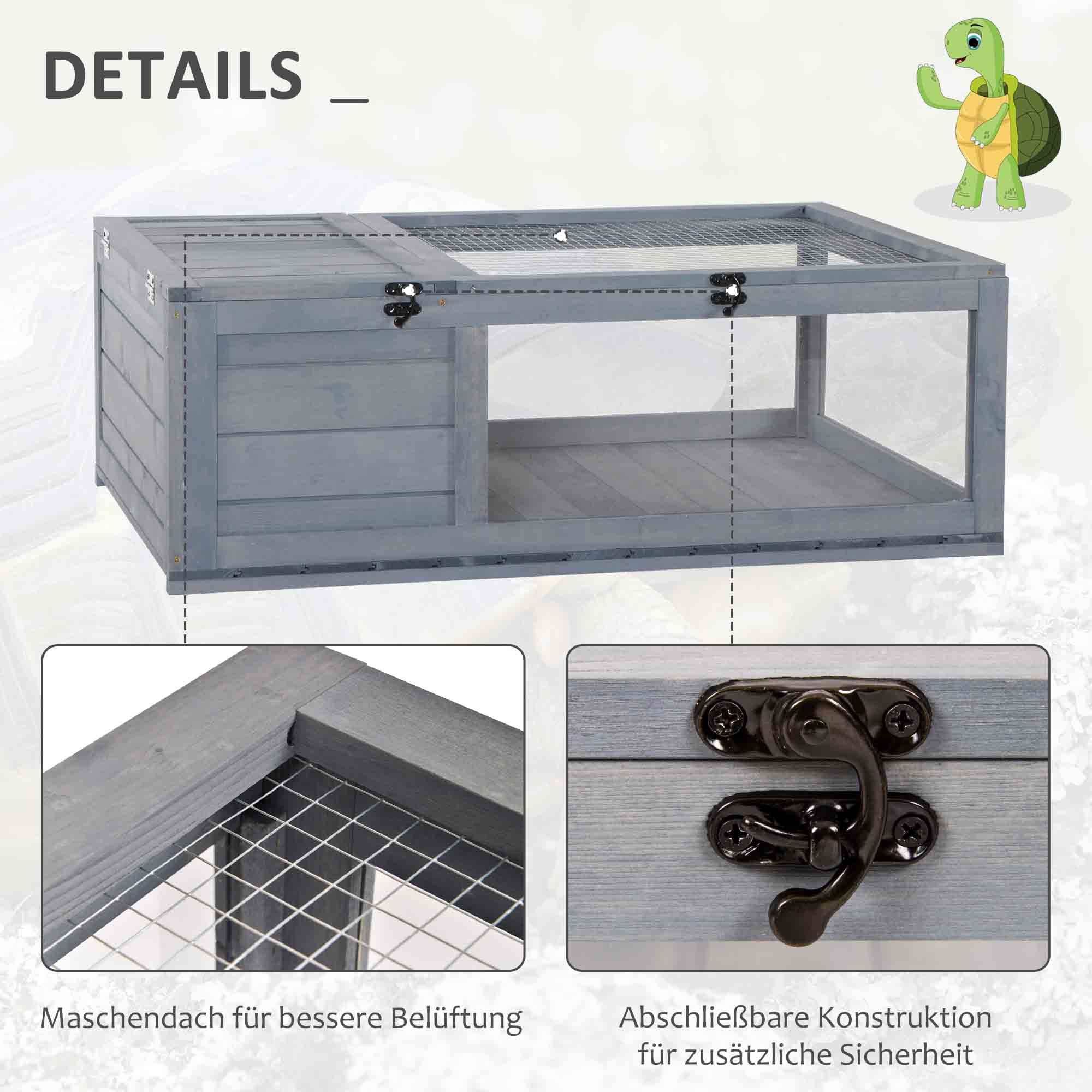 Maison pour tortues en bois avec maisons principales et dessus rabattable, 91x60,5x32 cm, gris - Image 8