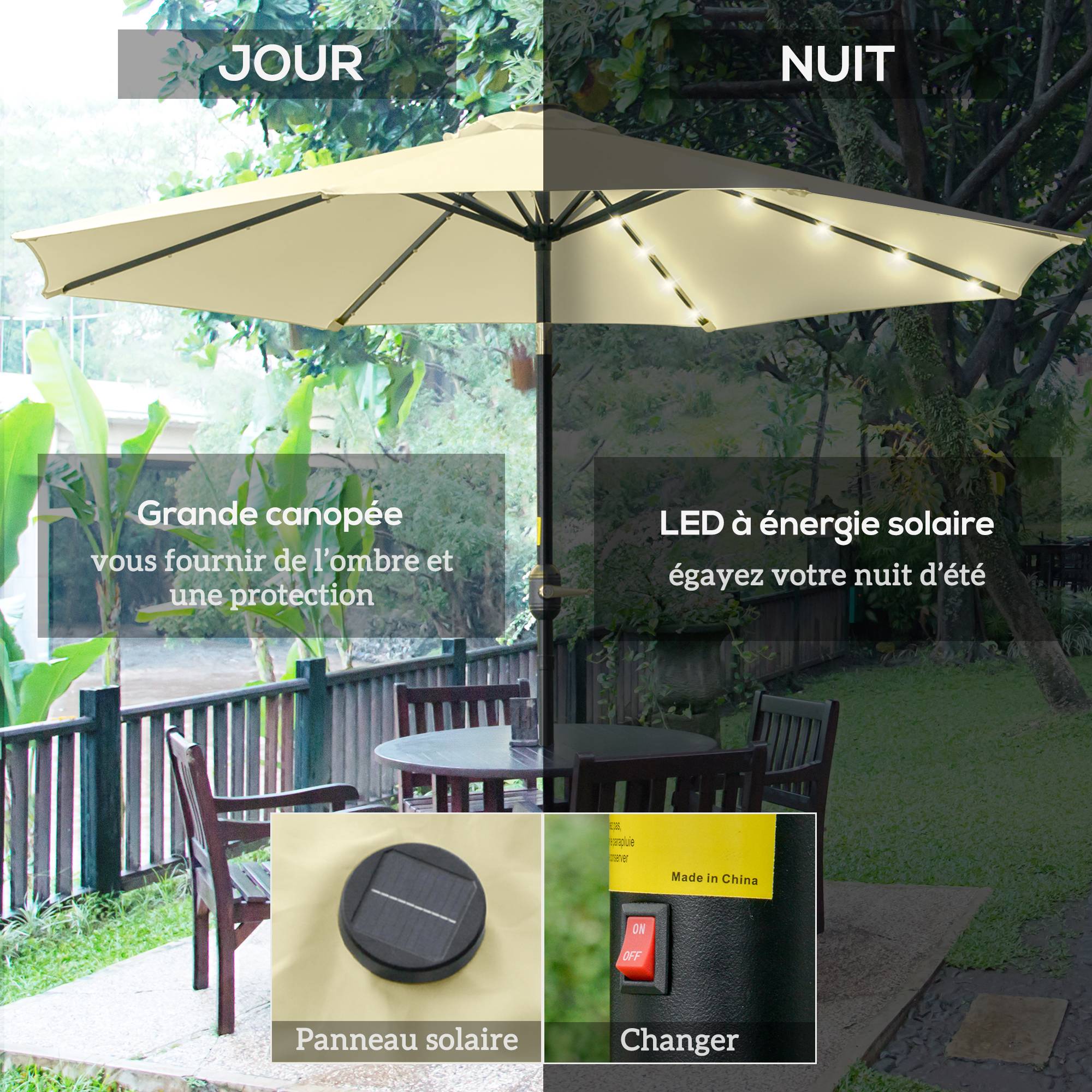 Maison Chic - Parasol de Jardin Extérieur Rond Ø 265 cm, Lumières LED Solairesmanivelle - Acier Beige fr264 - Image 6