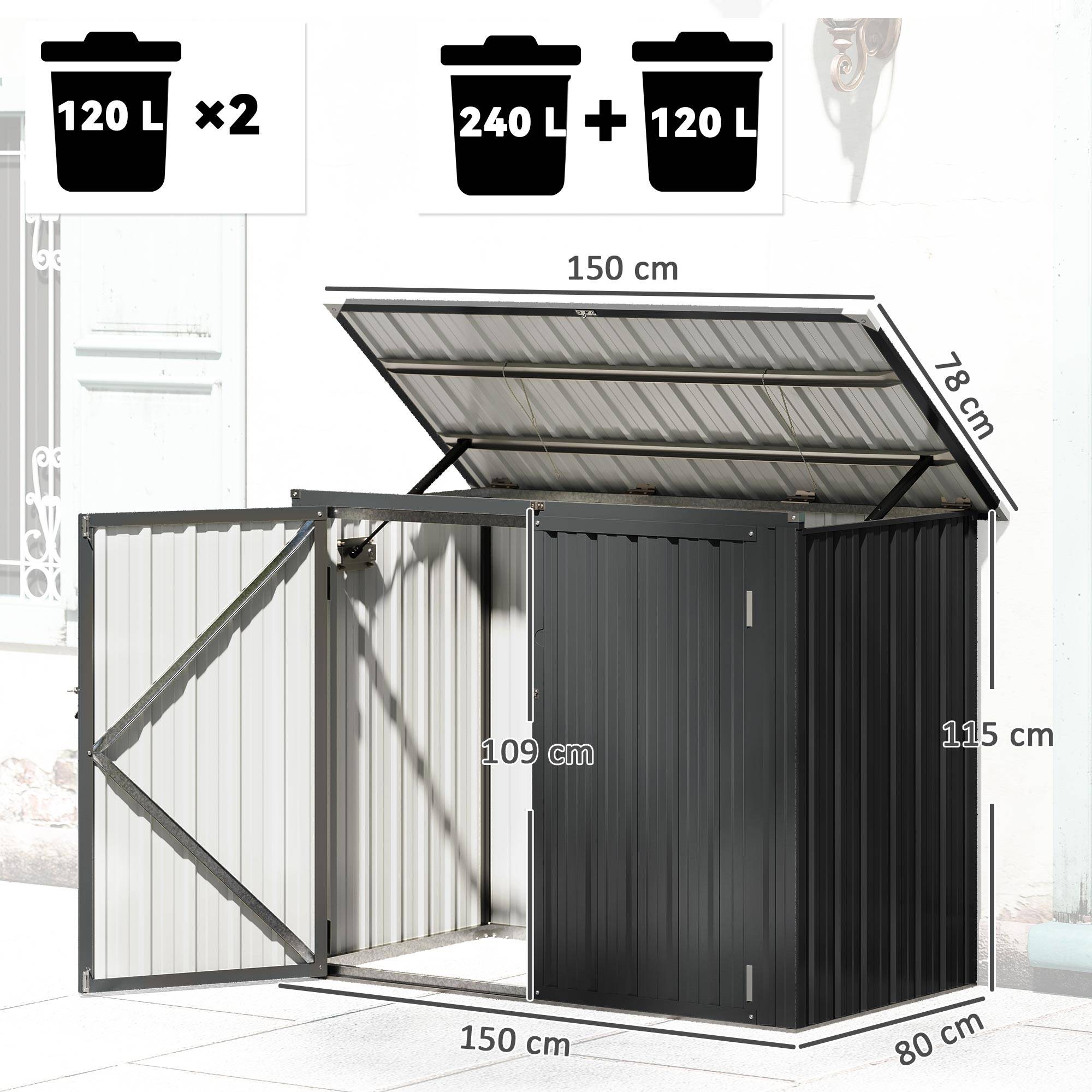 Sans Marque - Cobertizo Contenedor Basura Double Acero Galvanizado 240L Tapa Abatible Puertas Cerradura Gris - Image 5