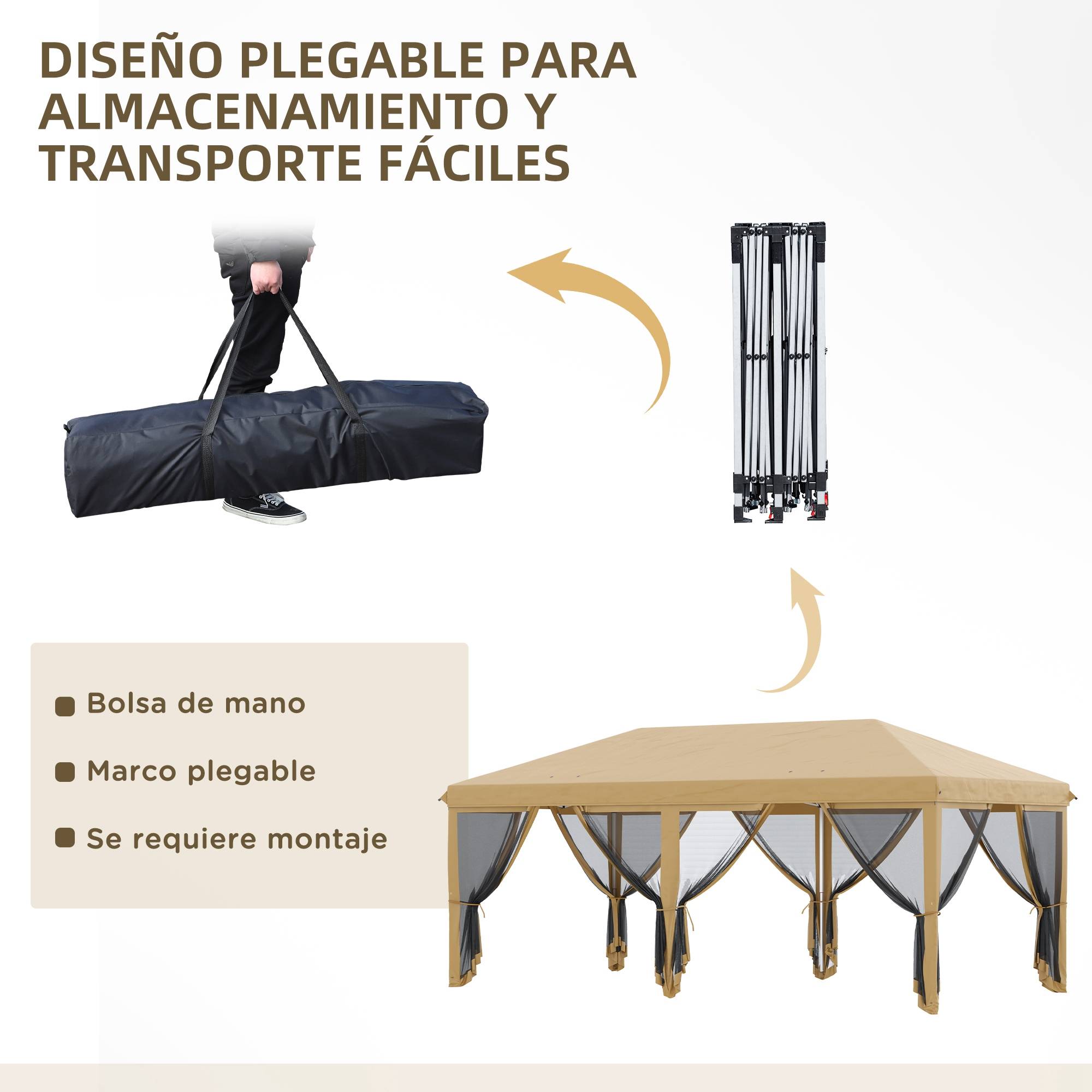 Tente pliante de jardin 6x3m avec 6 moustiquaires, sac de transport et structure en acier, beige, idéale pour le camping et les fêtes. - Image 7