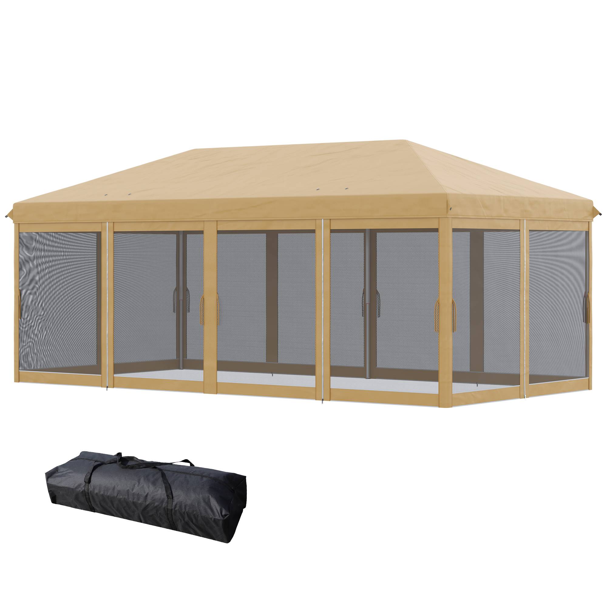 Tente pliante de jardin 6x3m avec 6 moustiquaires, sac de transport et structure en acier, beige, idéale pour le camping et les fêtes. - Image 2