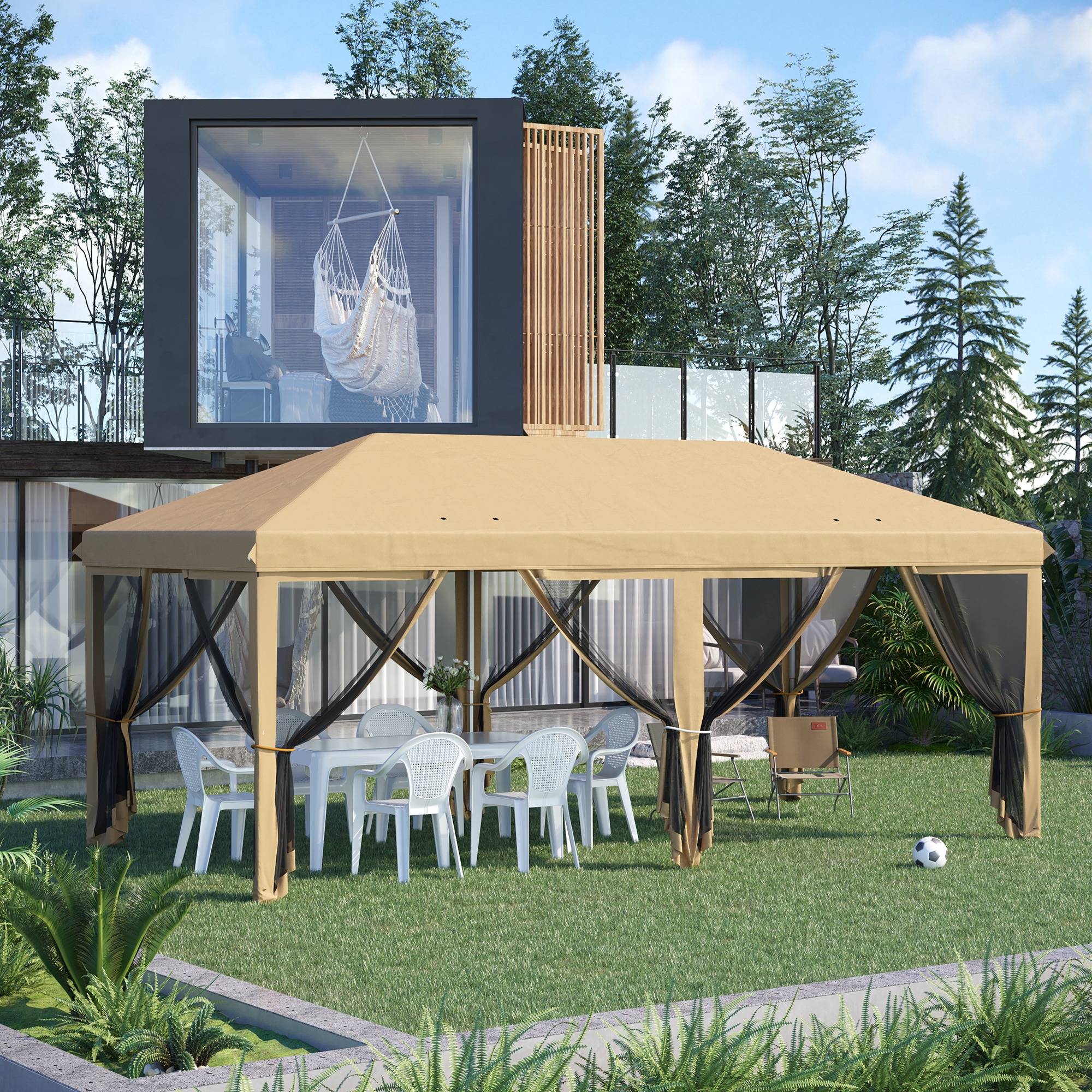 Tente pliante de jardin 6x3m avec 6 moustiquaires, sac de transport et structure en acier, beige, idéale pour le camping et les fêtes. - Image 3