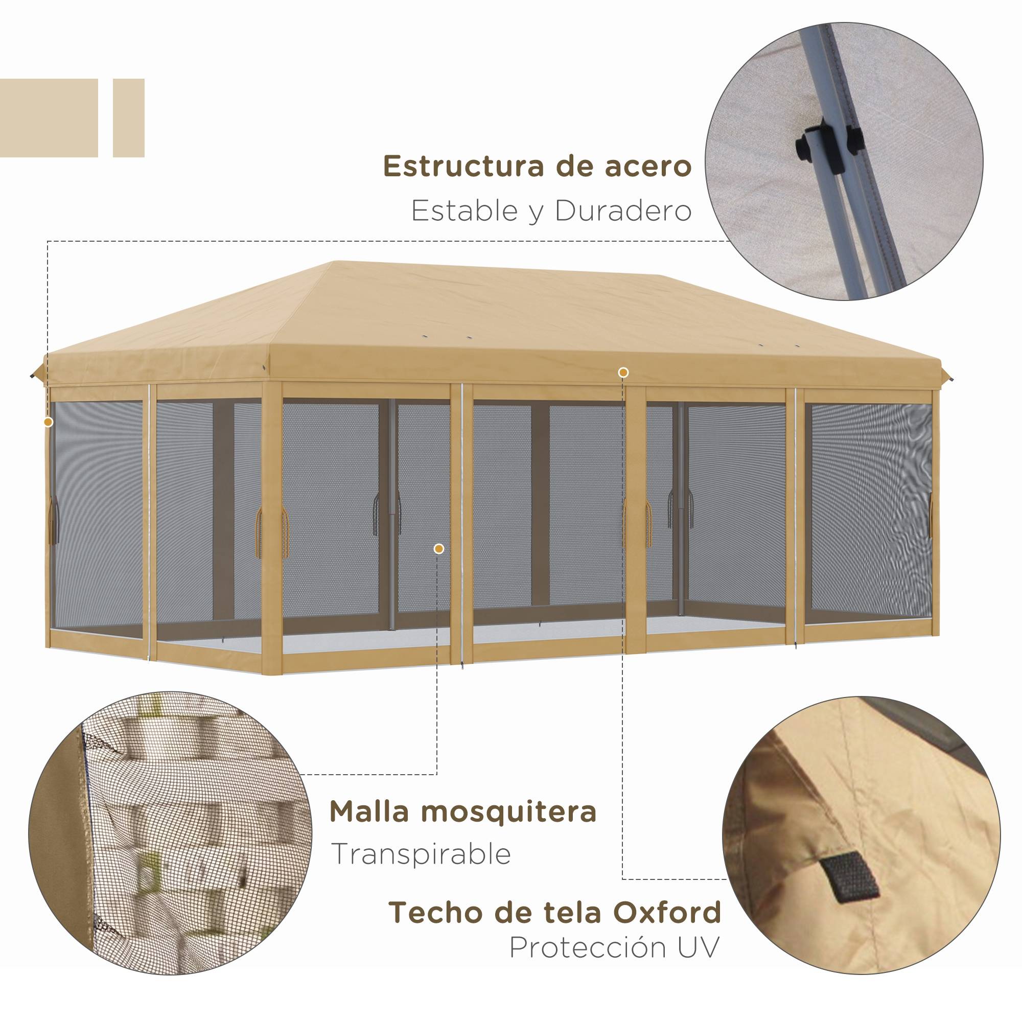Tente pliante de jardin 6x3m avec 6 moustiquaires, sac de transport et structure en acier, beige, idéale pour le camping et les fêtes. - Image 6