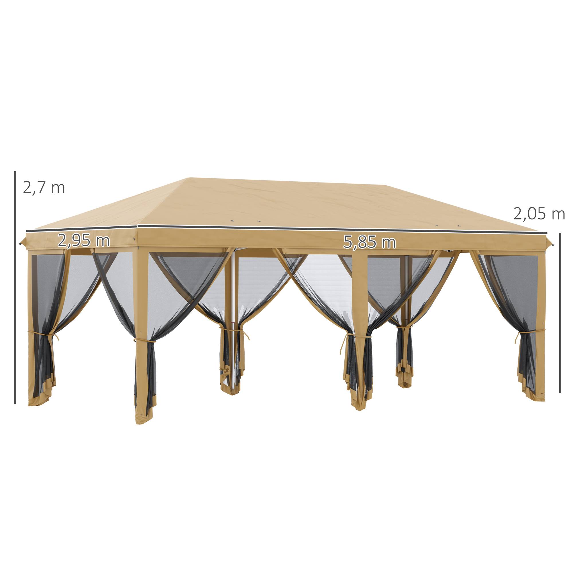 Tente pliante de jardin 6x3m avec 6 moustiquaires, sac de transport et structure en acier, beige, idéale pour le camping et les fêtes. - Image 5