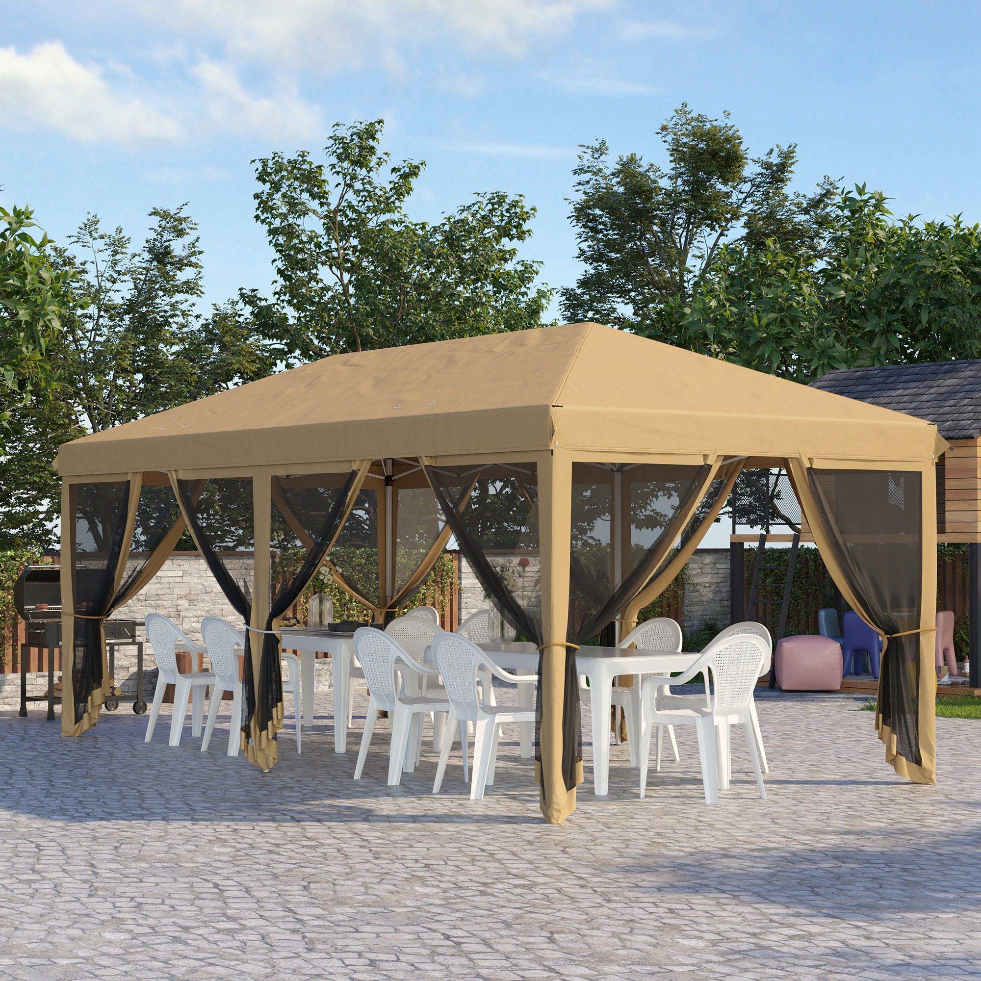 Tente pliante de jardin 6x3m avec 6 moustiquaires, sac de transport et structure en acier, beige, idéale pour le camping et les fêtes. - Image 4