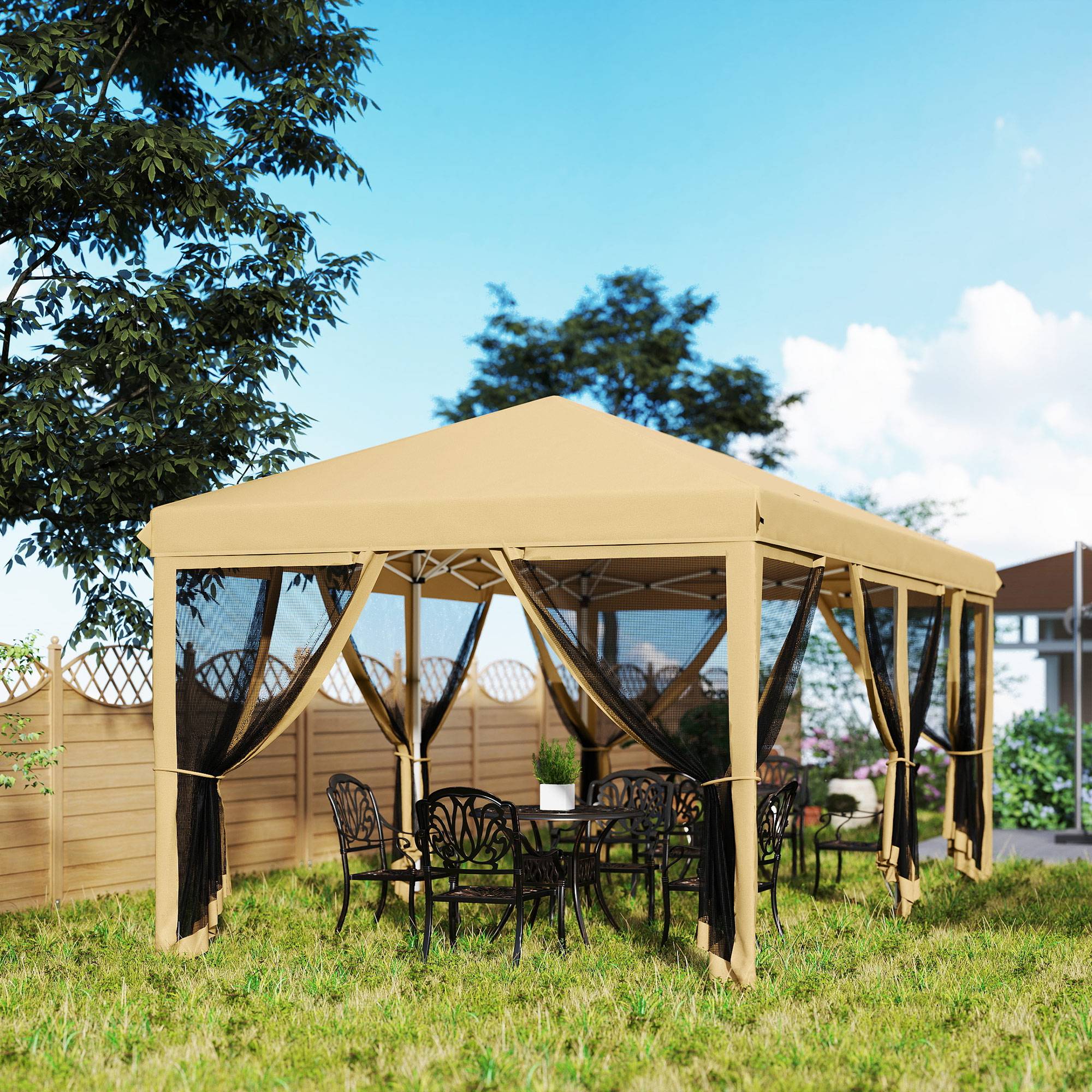 Tente pliante de jardin 6x3m avec 6 moustiquaires, sac de transport et structure en acier, beige, idéale pour le camping et les fêtes. - Image 10