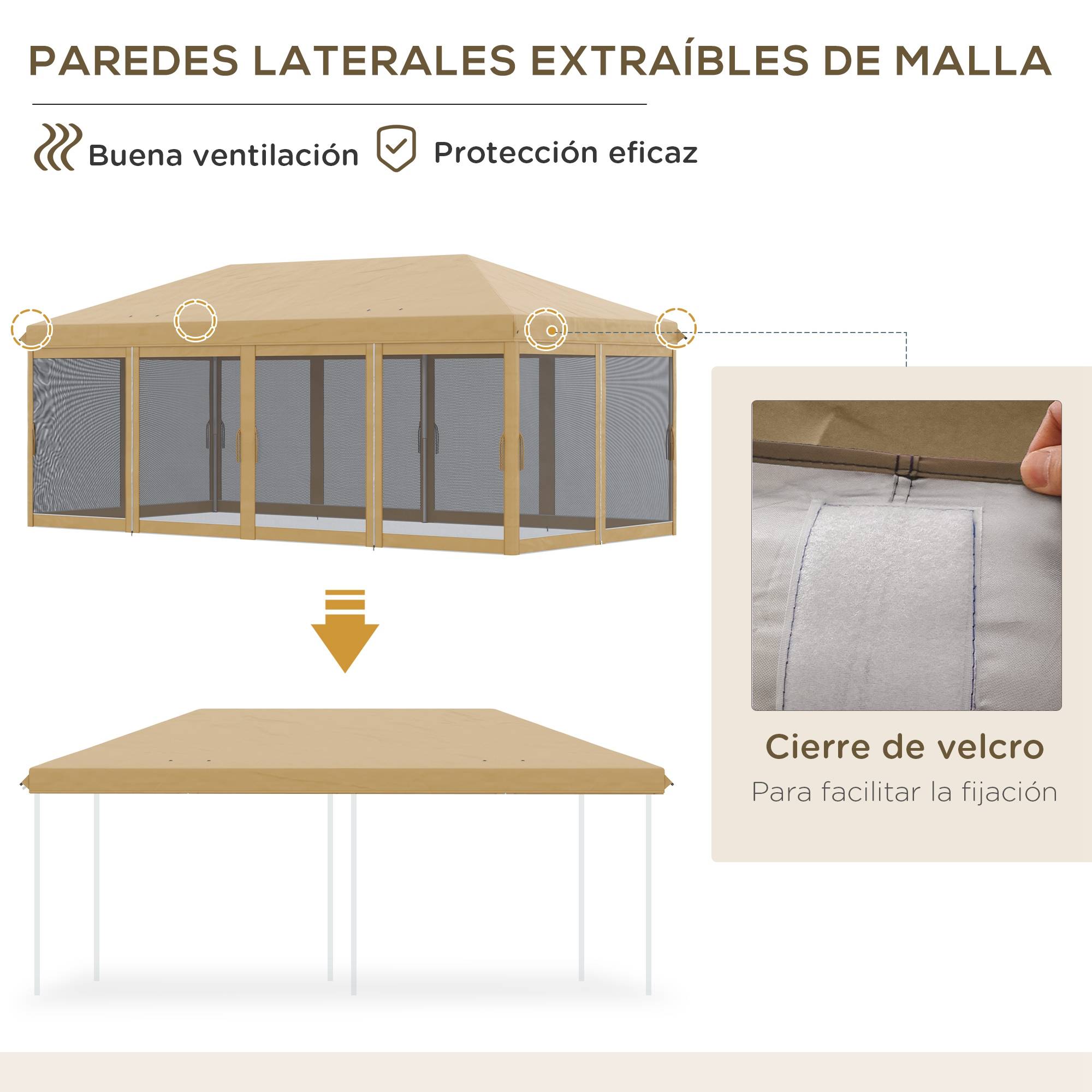 Tente pliante de jardin 6x3m avec 6 moustiquaires, sac de transport et structure en acier, beige, idéale pour le camping et les fêtes. - Image 8