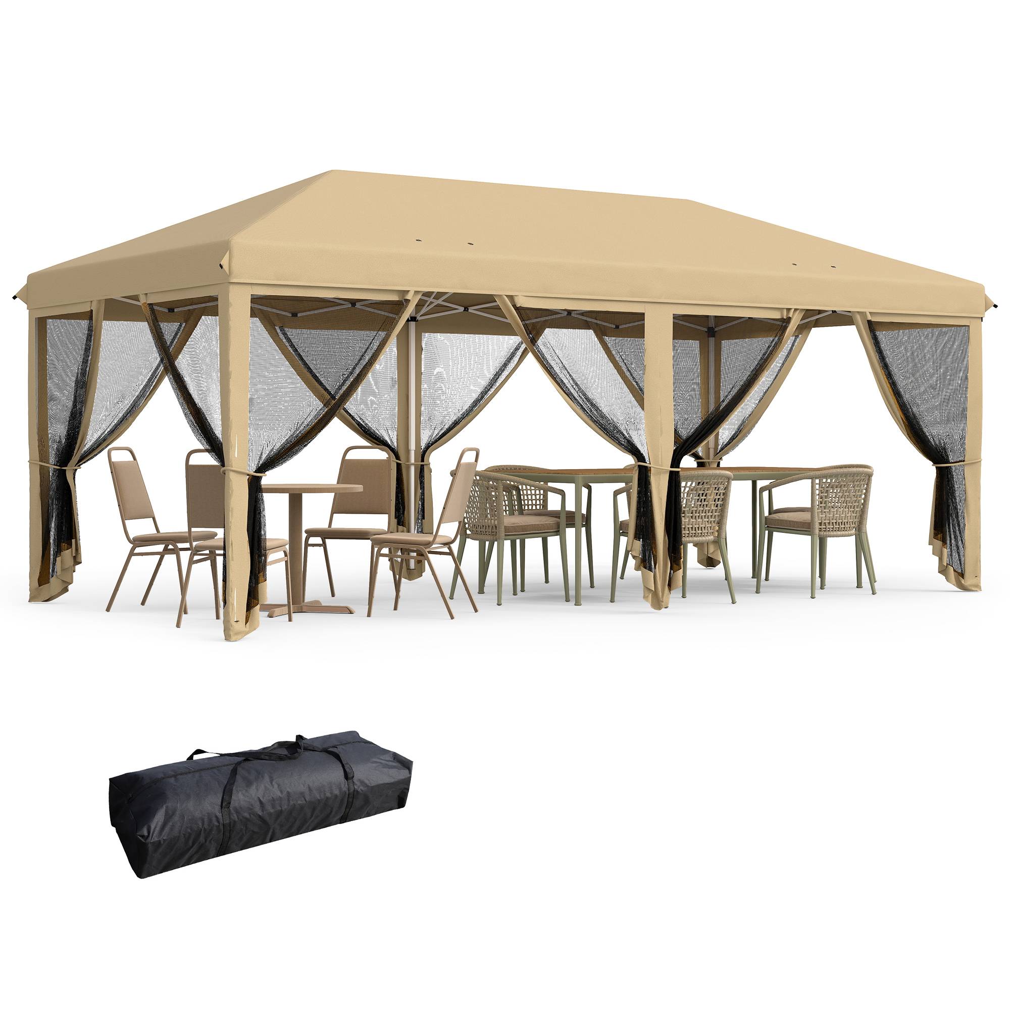 Tente pliante de jardin 6x3m avec 6 moustiquaires, sac de transport et structure en acier, beige, idéale pour le camping et les fêtes. - Image 1