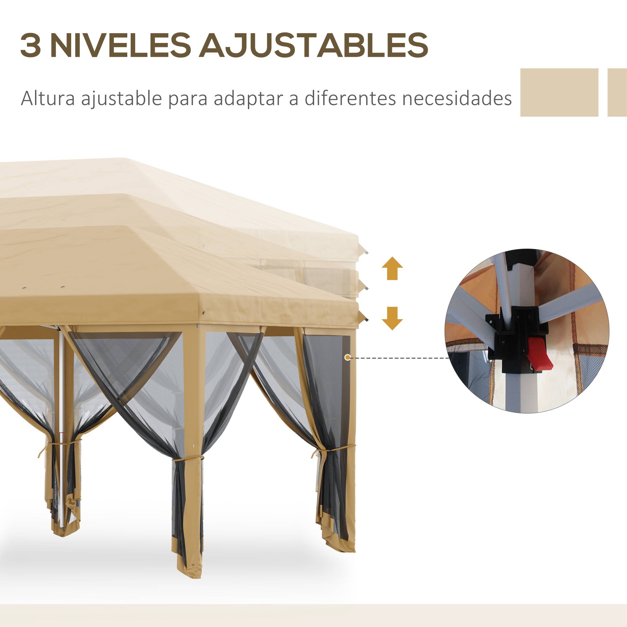 Tente pliante de jardin 6x3m avec 6 moustiquaires, sac de transport et structure en acier, beige, idéale pour le camping et les fêtes. - Image 9