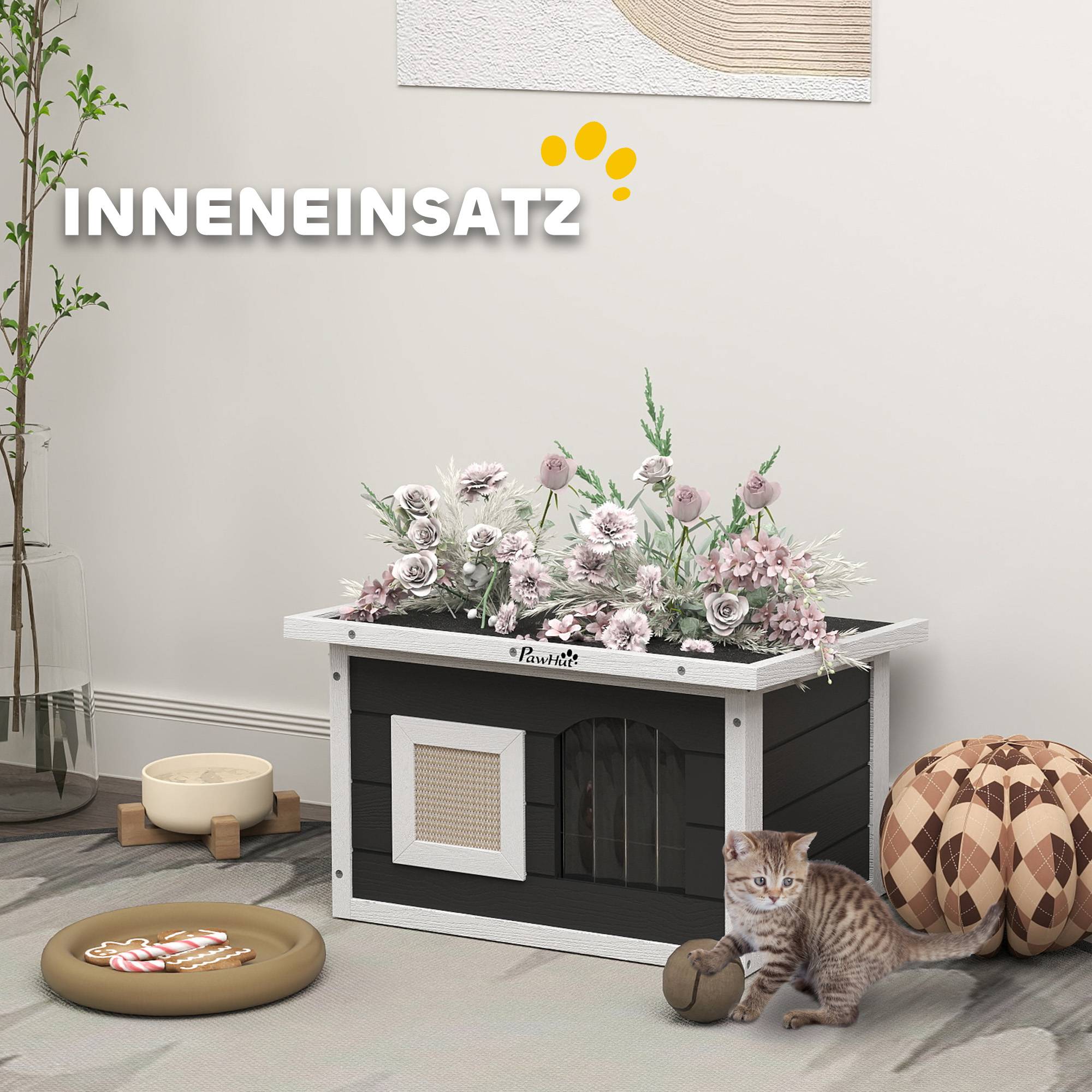 Maison chat refuge chats lapins bois tapis griffoir trappe 61x45x36,5 cm gris - Image 8