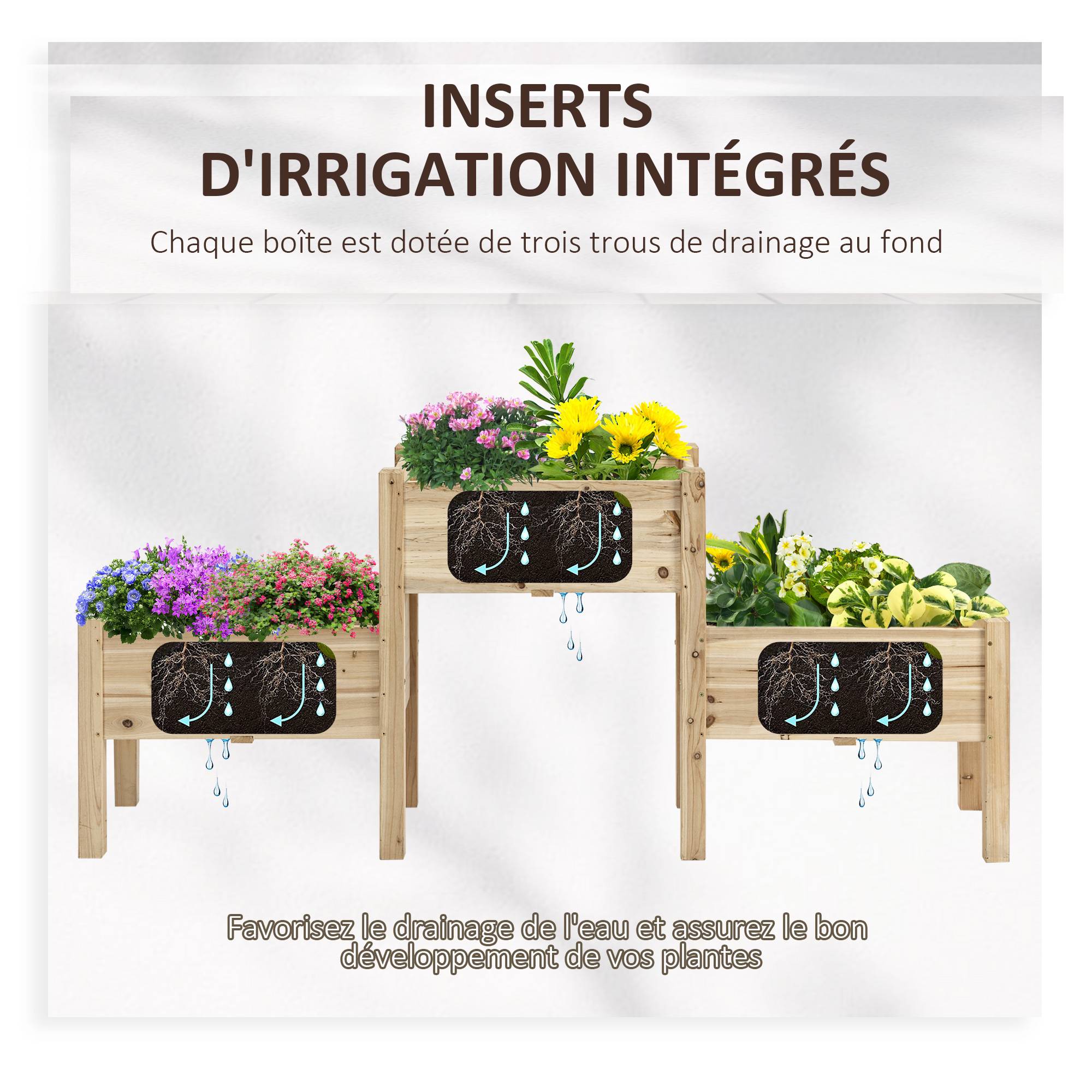 Jardinière sur Pieds carré Potager 2 étages dim. 184L x 45l x 80H cm Inserts d'irrigation Bois Sapin pré-huilé - Image 7