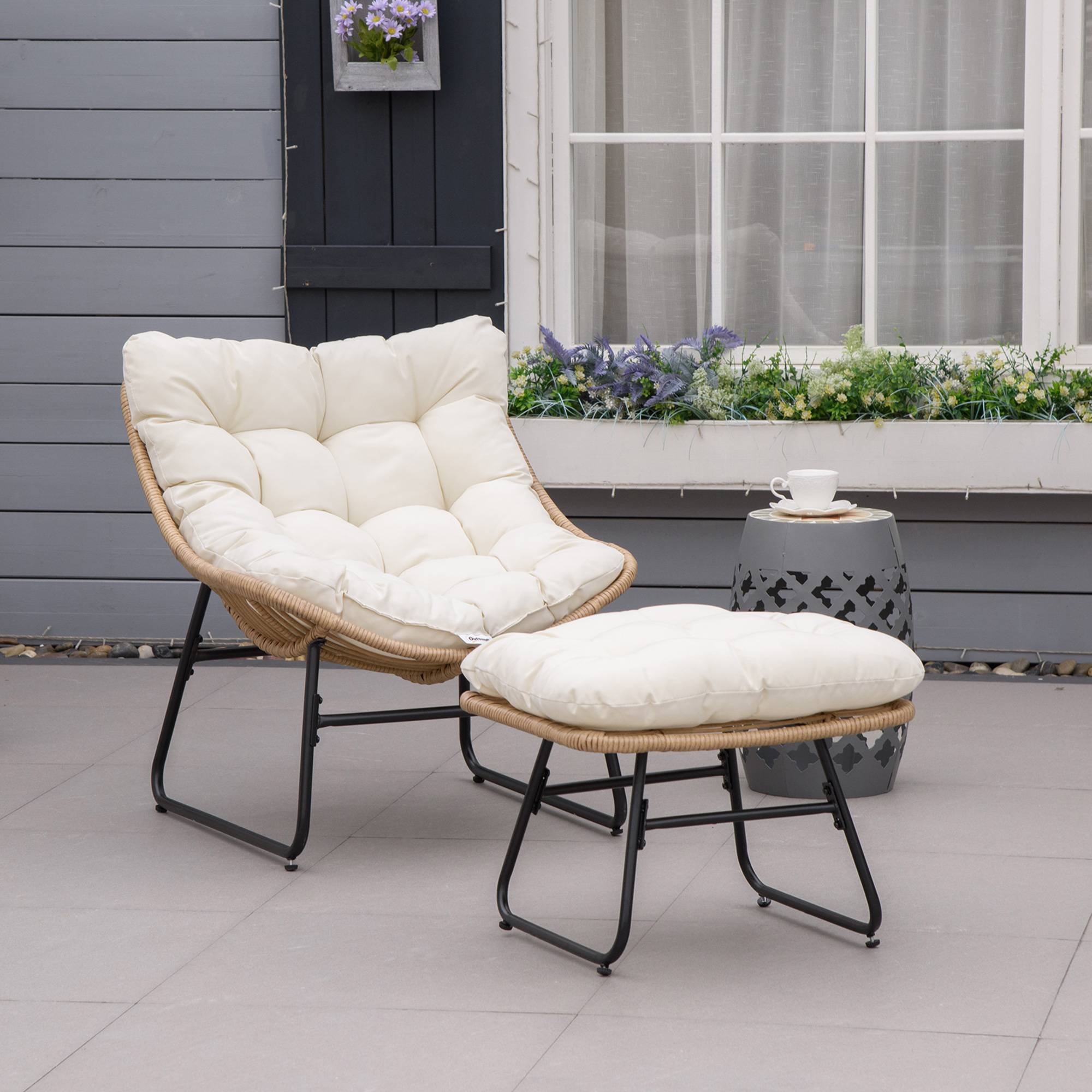 Sans Marque - Fauteuil chaise de jardin avec repose-pieds en métal époxy et résine tressée aspect rotin avec coussins - Image 3