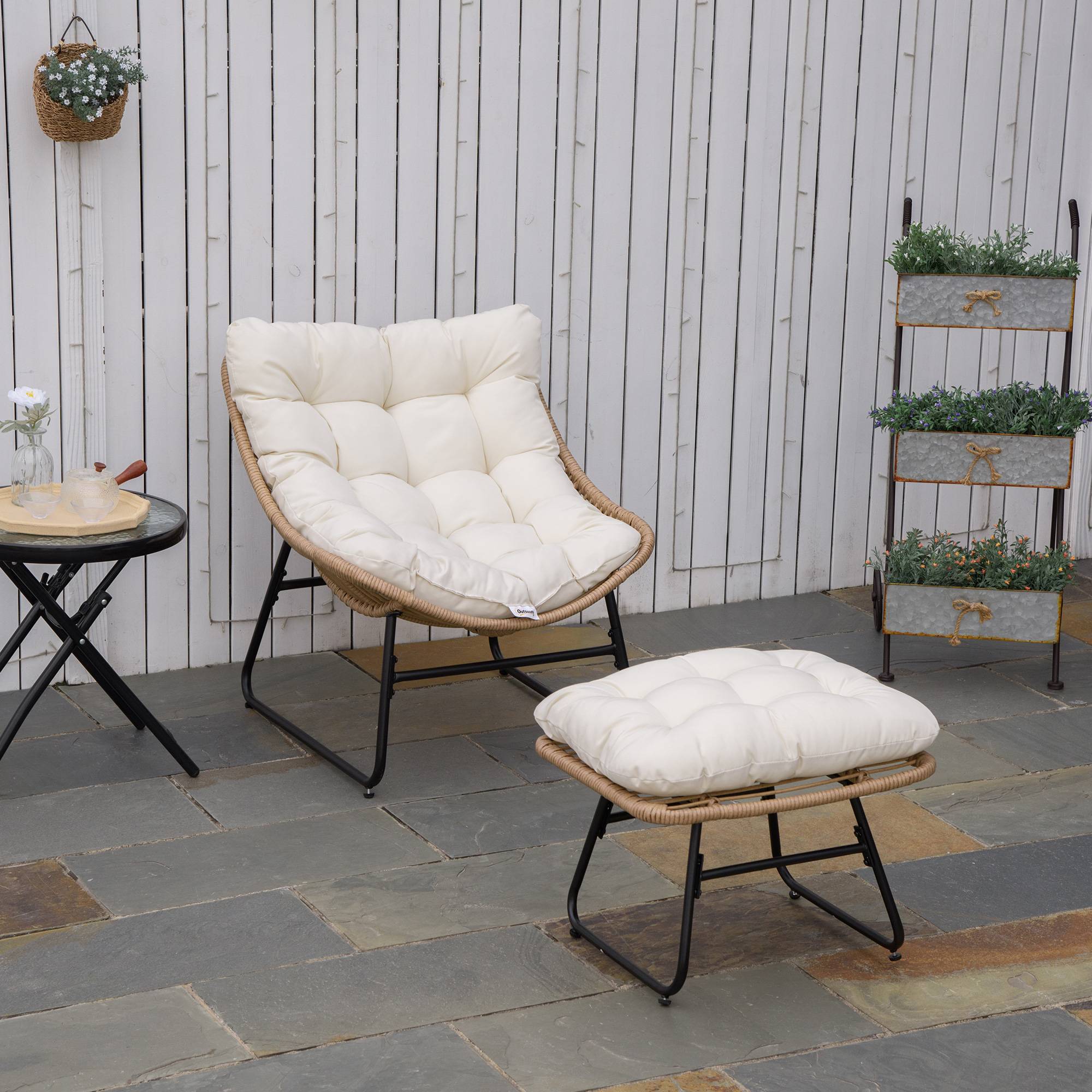 Sans Marque - Fauteuil chaise de jardin avec repose-pieds en métal époxy et résine tressée aspect rotin avec coussins - Image 4