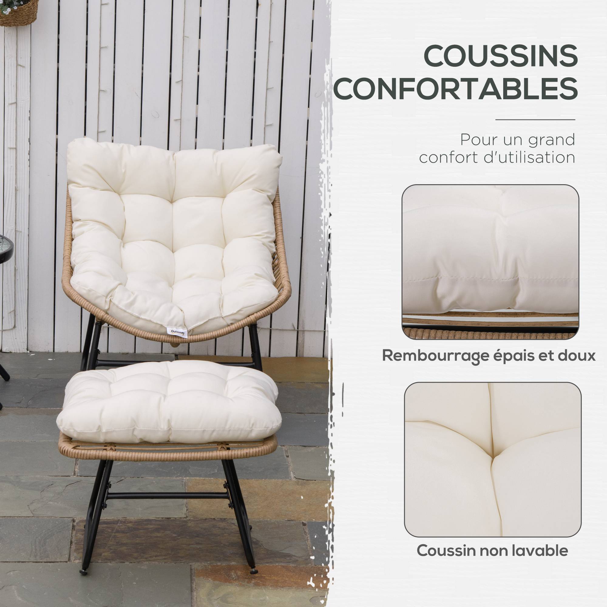 Sans Marque - Fauteuil chaise de jardin avec repose-pieds en métal époxy et résine tressée aspect rotin avec coussins - Image 7
