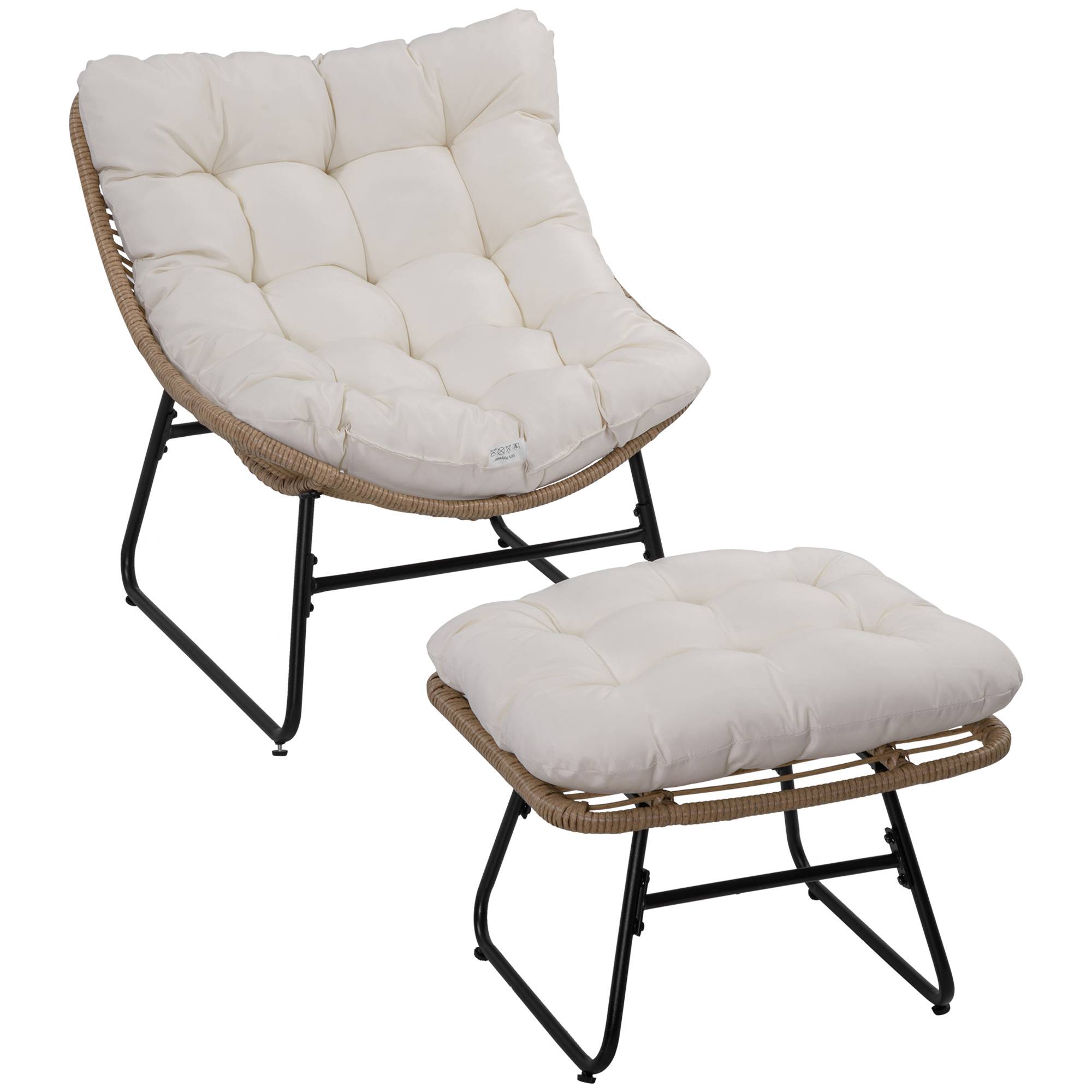 Sans Marque - Fauteuil chaise de jardin avec repose-pieds en métal époxy et résine tressée aspect rotin avec coussins